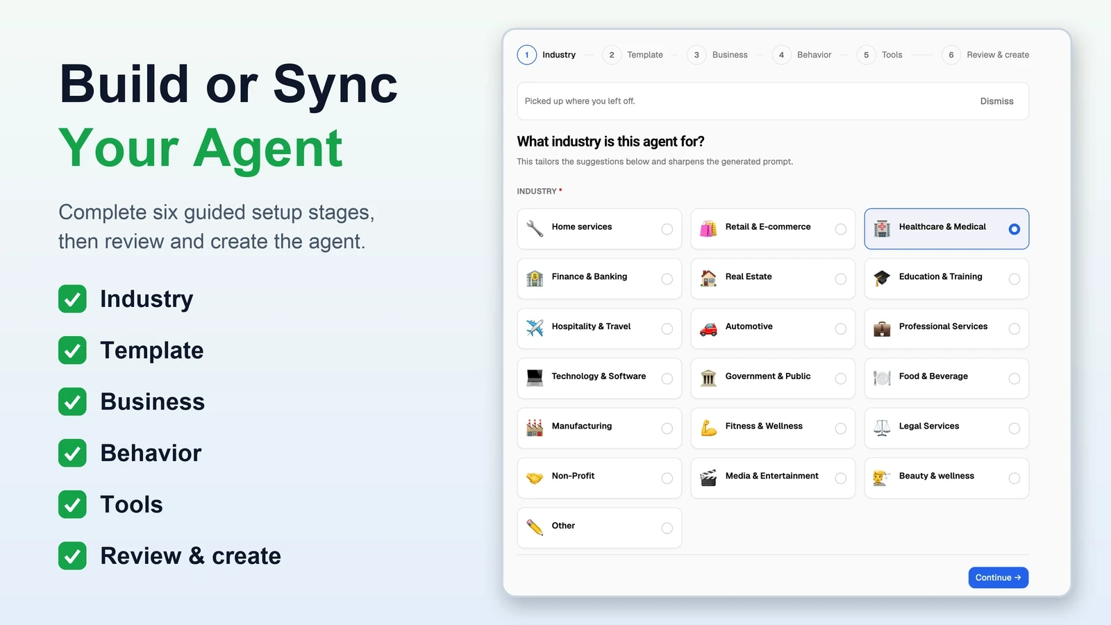 VoiceAIWrapper agent wizard showing the Industry step and six-stage path from template selection to review and creation.
