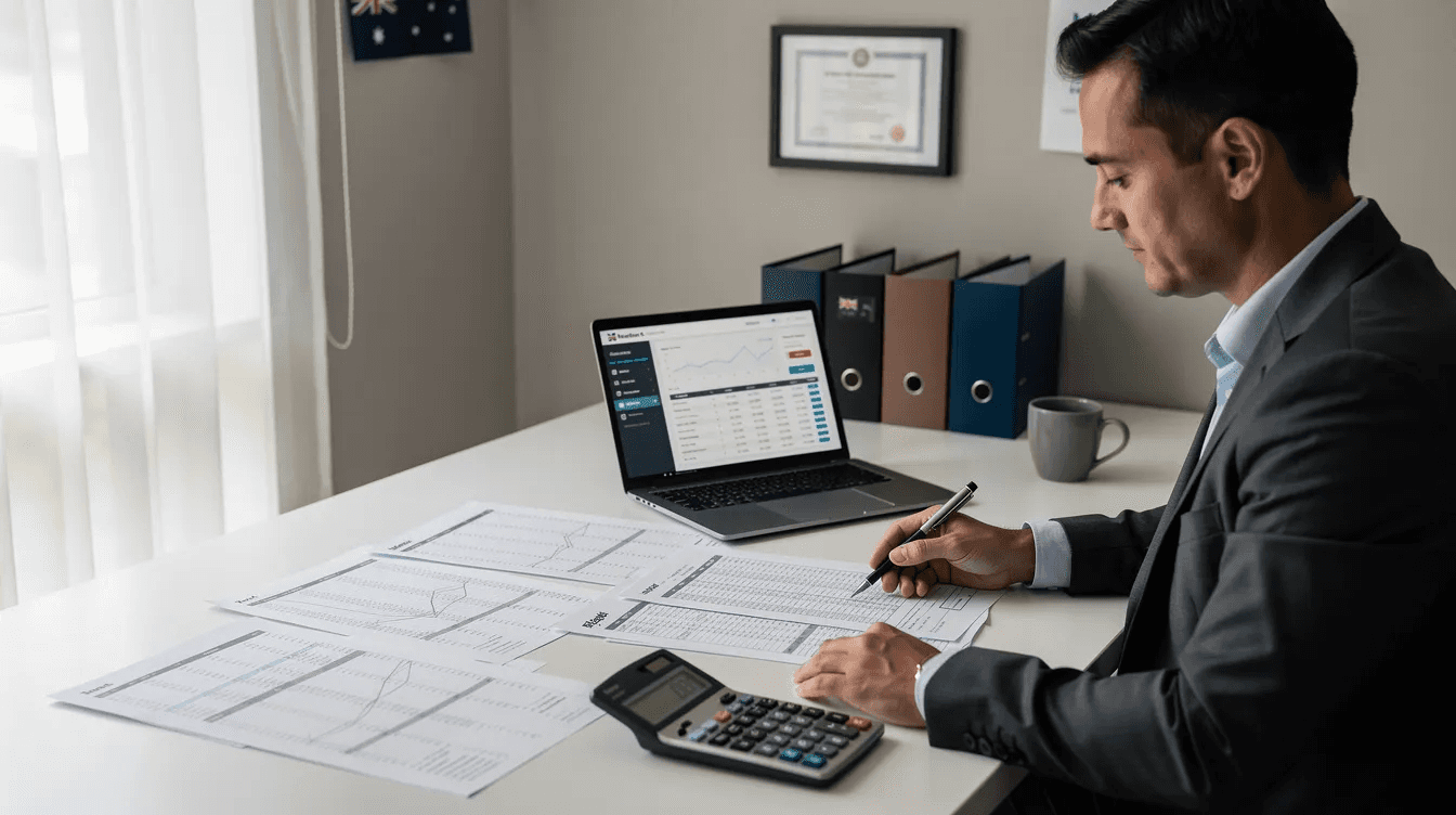An Australian small business owner is seated at a desk, intently reviewing financial documents alongside a calculator and laptop, likely assessing their company tax debts and preparing for an income tax assessment. The scene reflects the challenges of managing tax affairs, including potential payment plans and the implications of financial hardship.
