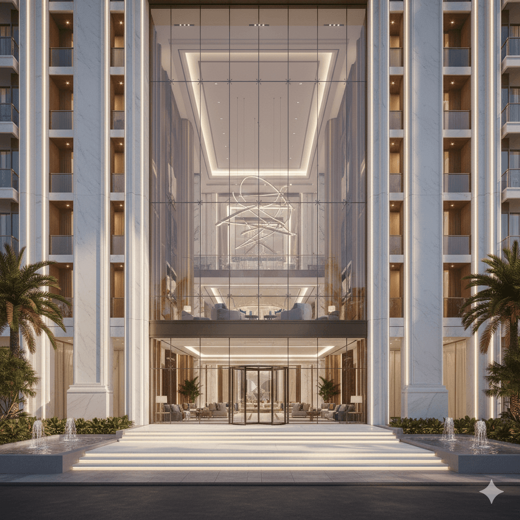 Monumental two-level arrival lobbies grand entrance experience