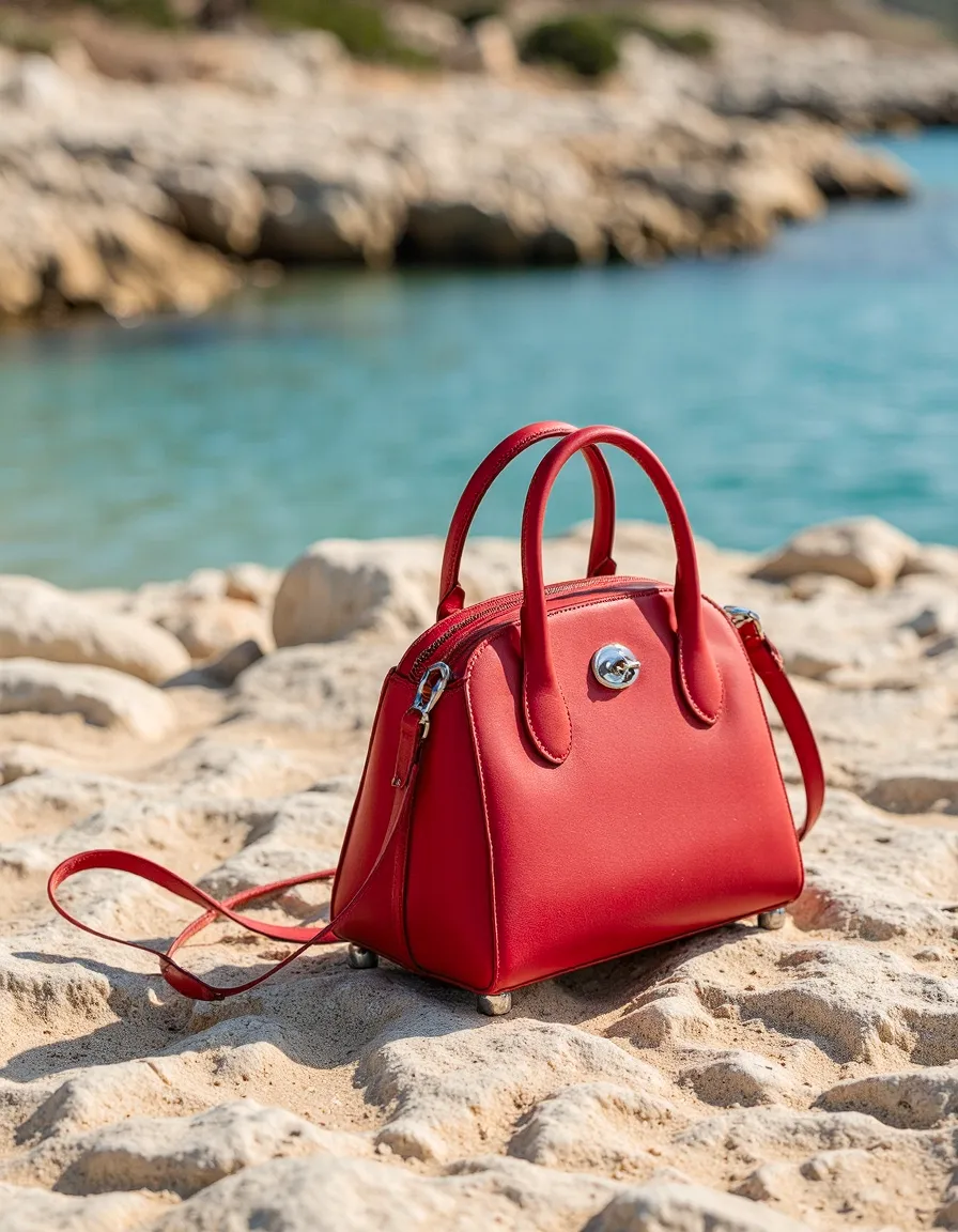 Vibrant red handbag positioned on sandy beach with turquoise waters in background, creating striking contrast for editorial styling