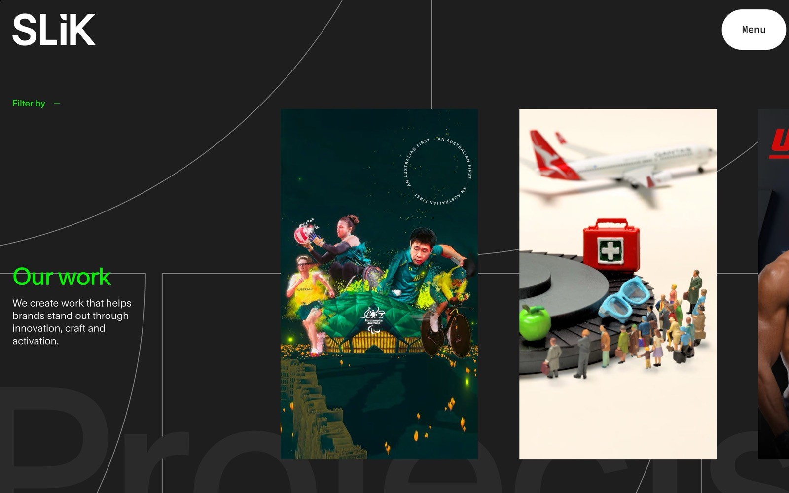 Black background with "SLiK" and "Menu" text. Left section features neon-lit group photo and "Our work" text. Right section shows airplane...
