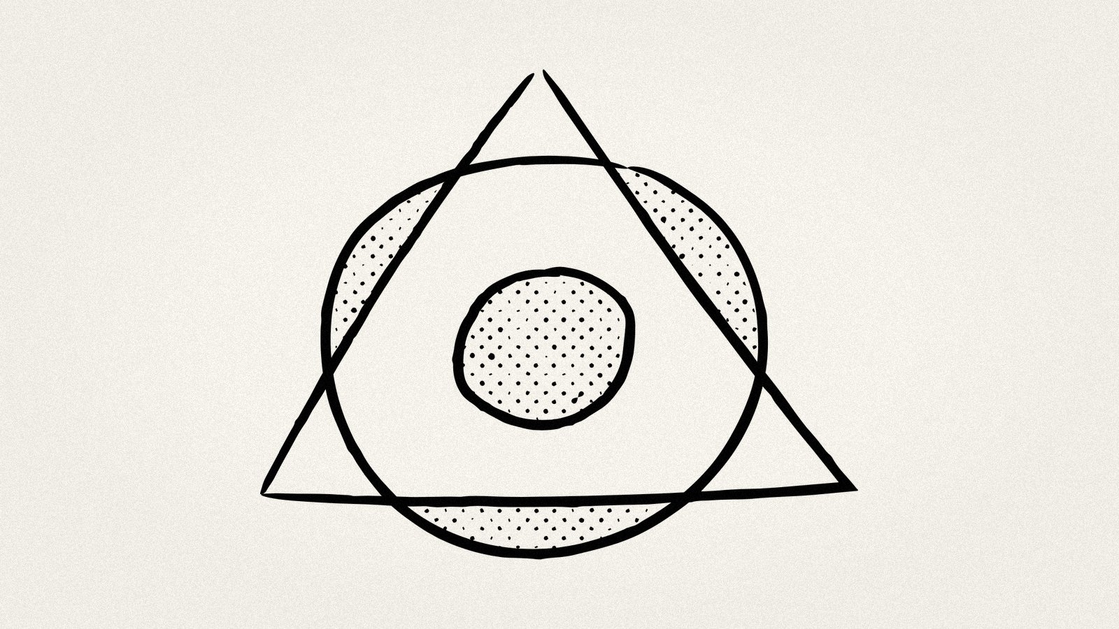 Abstract geometric illustration of a triangle overlapping a circle with an inner focal point, symbolising seeing through layers of product data