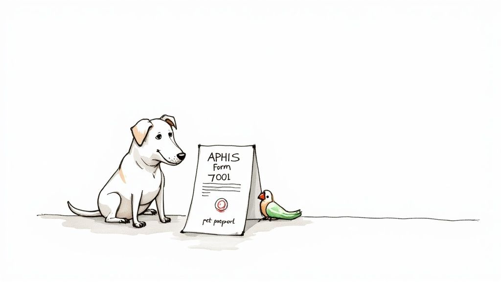 A cute dog and a small bird look at a sign displaying 'APHIS Form 7001' and 'pet passport'.
