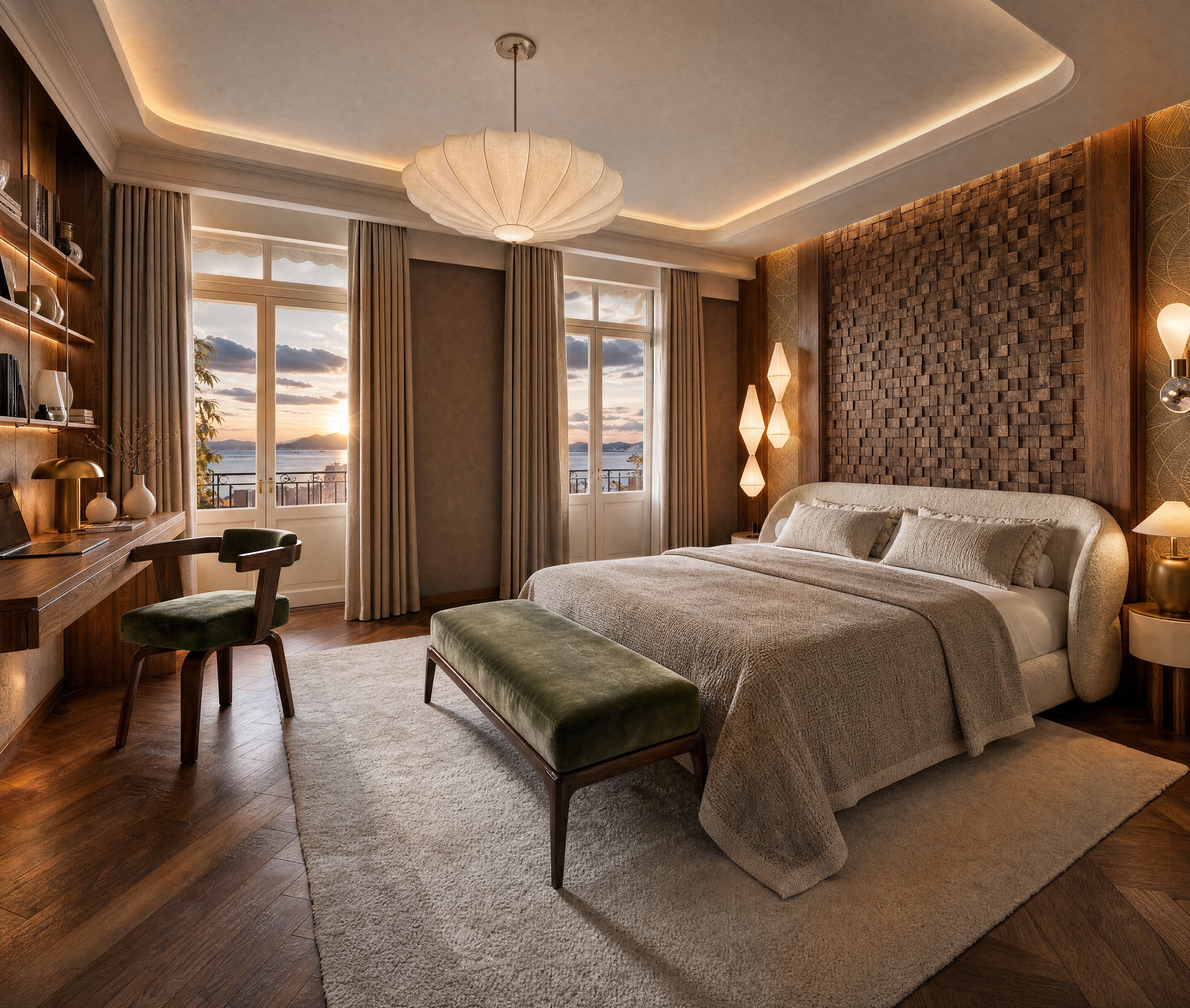 Chambre d'hôtel avec vue sur le lac Léman au coucher du soleil, design intérieur bois et velours vert par Studio COQUIE