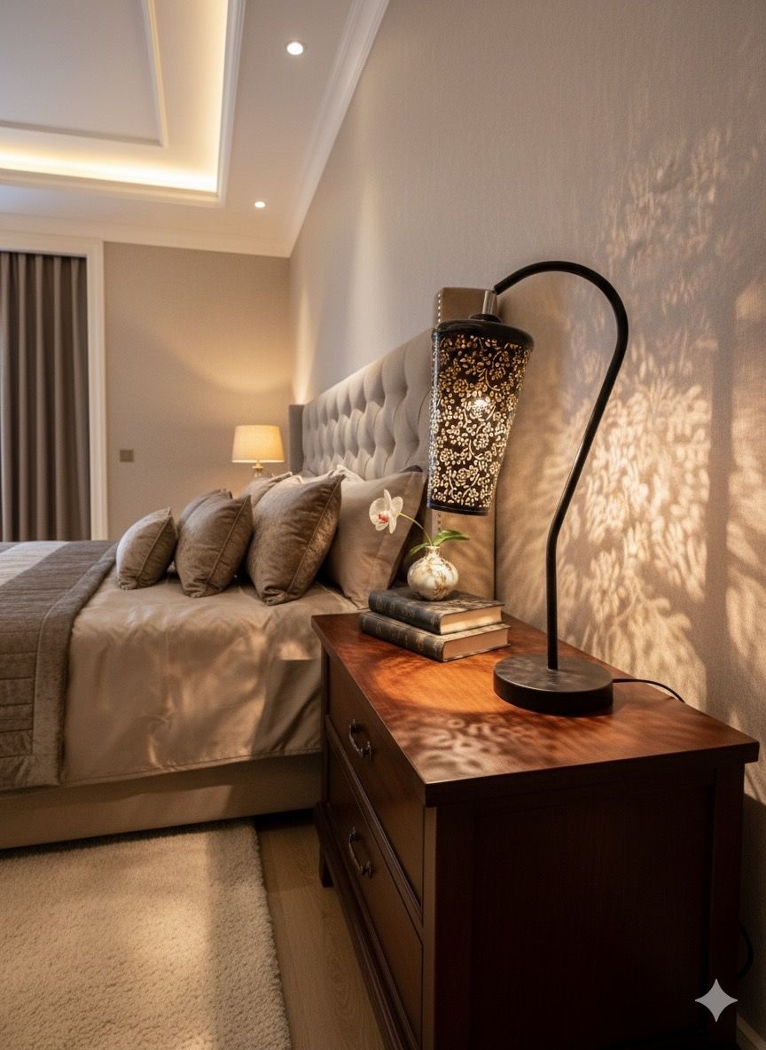 Handcrafted metal table lamp with decorative cutwork shade