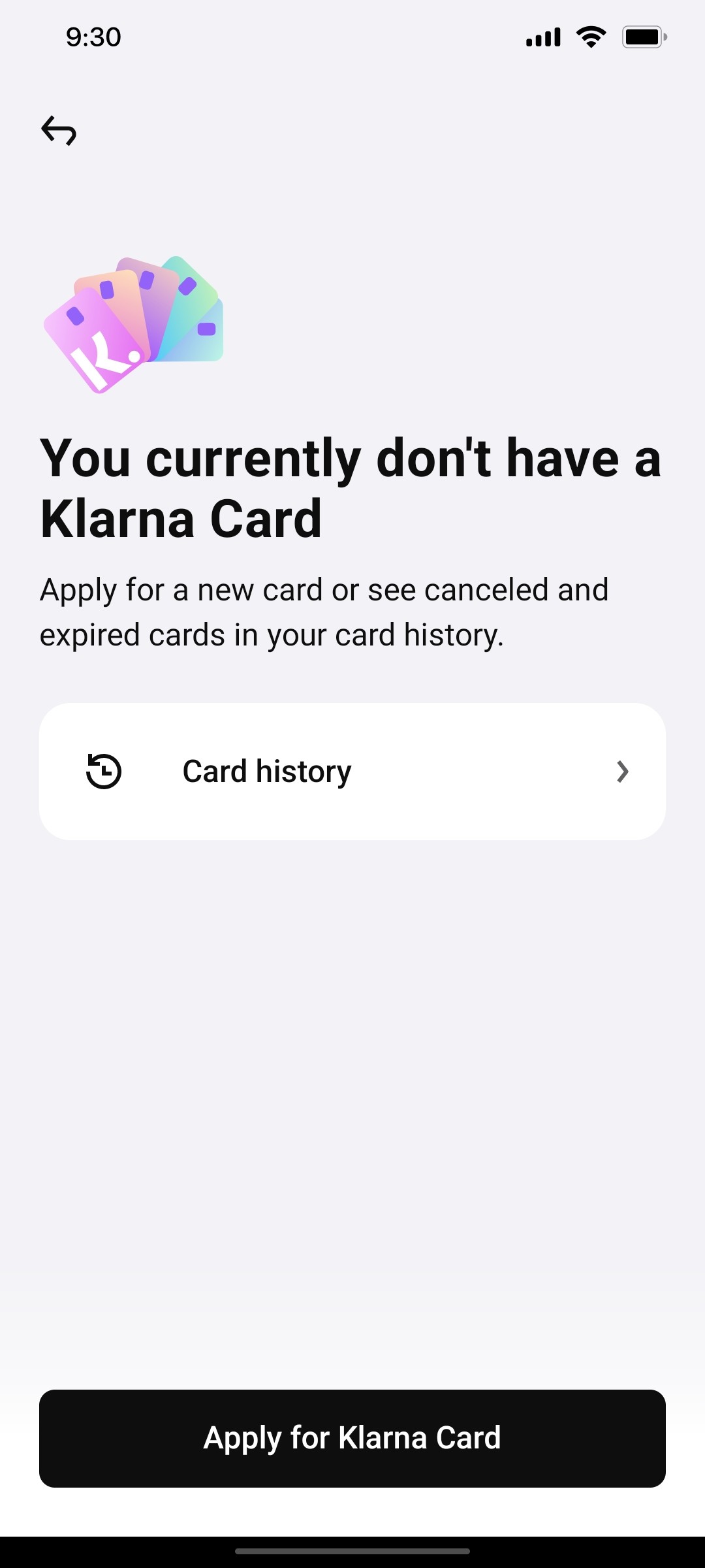 Klarna Apply For Klanna Card Page Screen