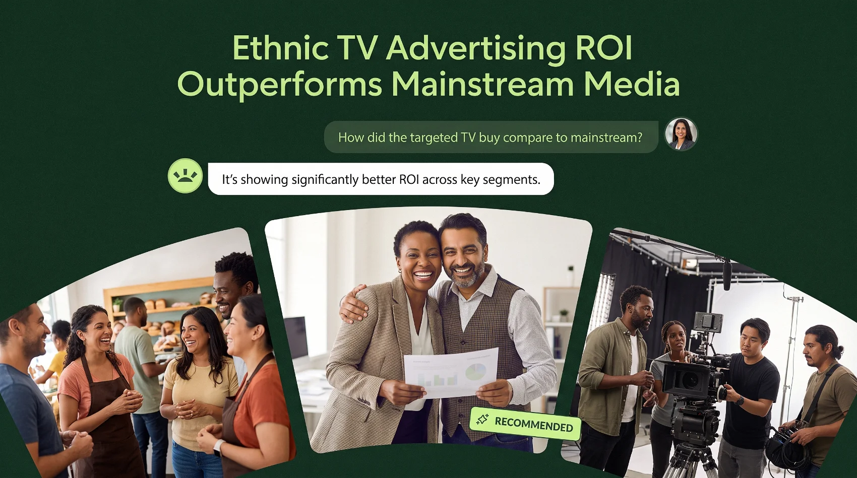 Ethnic TV advertising ROI outperforms mainstream media - diverse teams and film crew showing better ROI across segments
