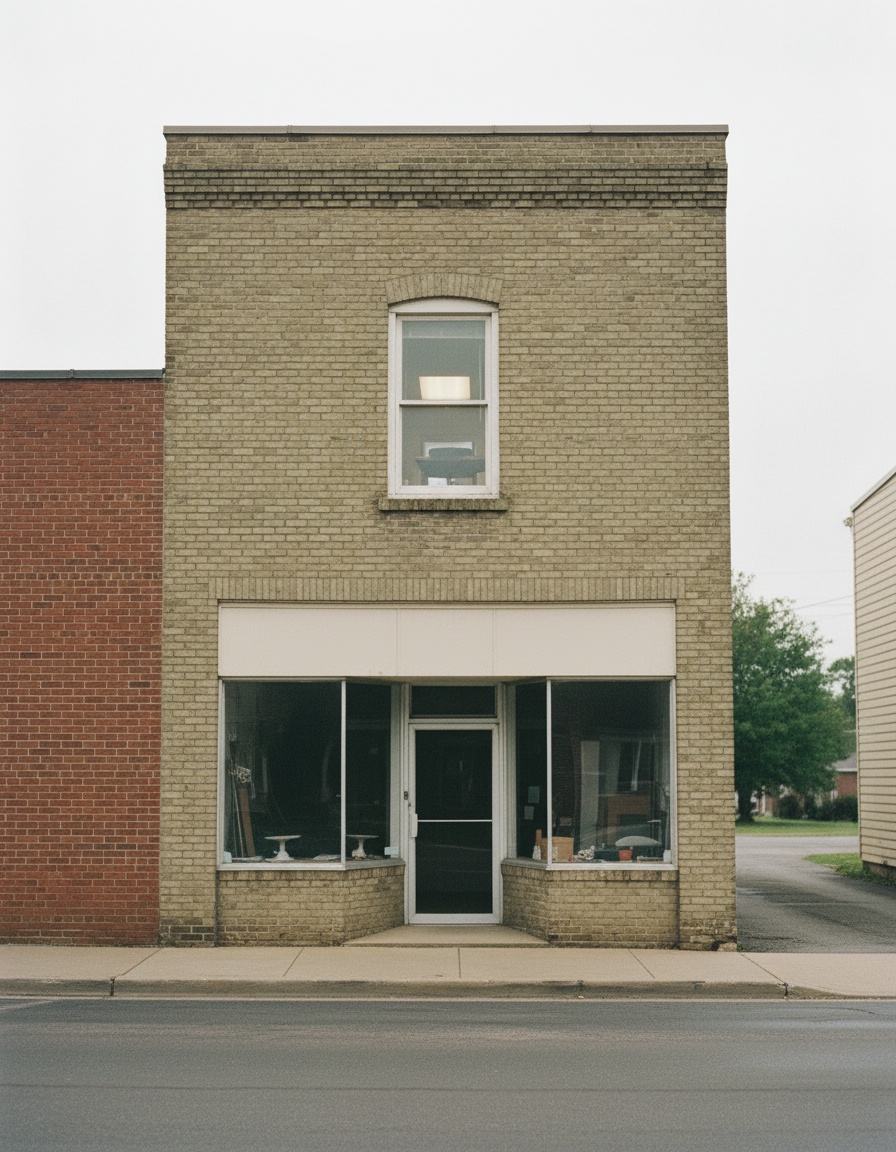 A narrow two-storey brick building on a quiet street, with a shop below and an office window above.