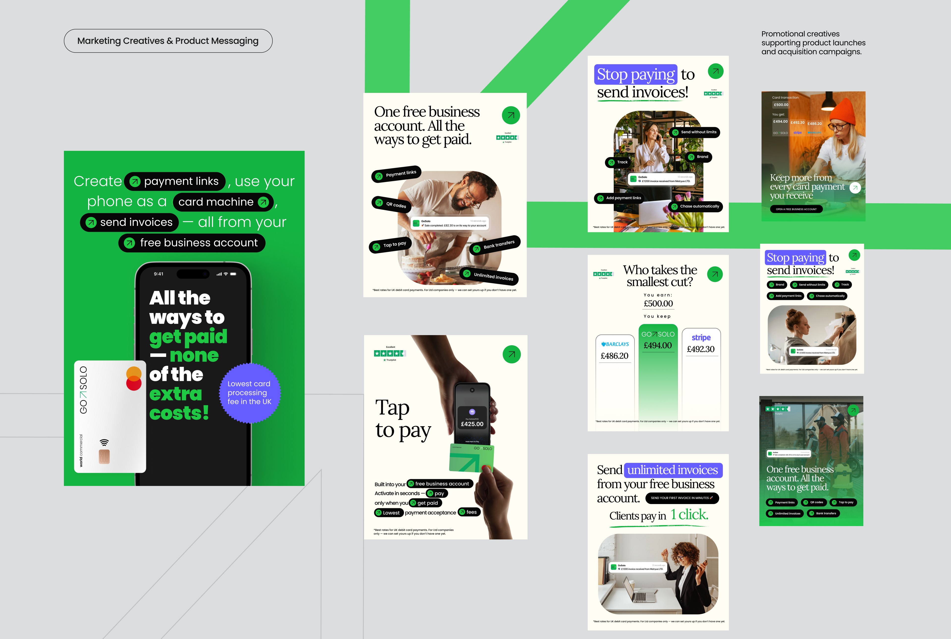 Collection of GoSolo marketing creatives showcasing product messaging for fintech features including payment links, tap to pay, invoices, card payments, and business account benefits. Promotional assets used across social media and digital channels.