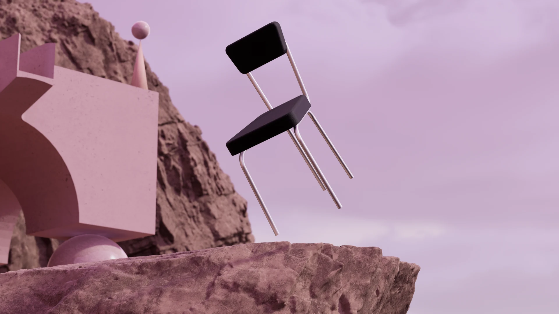 Tienda y Taller 3D render — minimalist chair on a pink platform overlooking the sea
