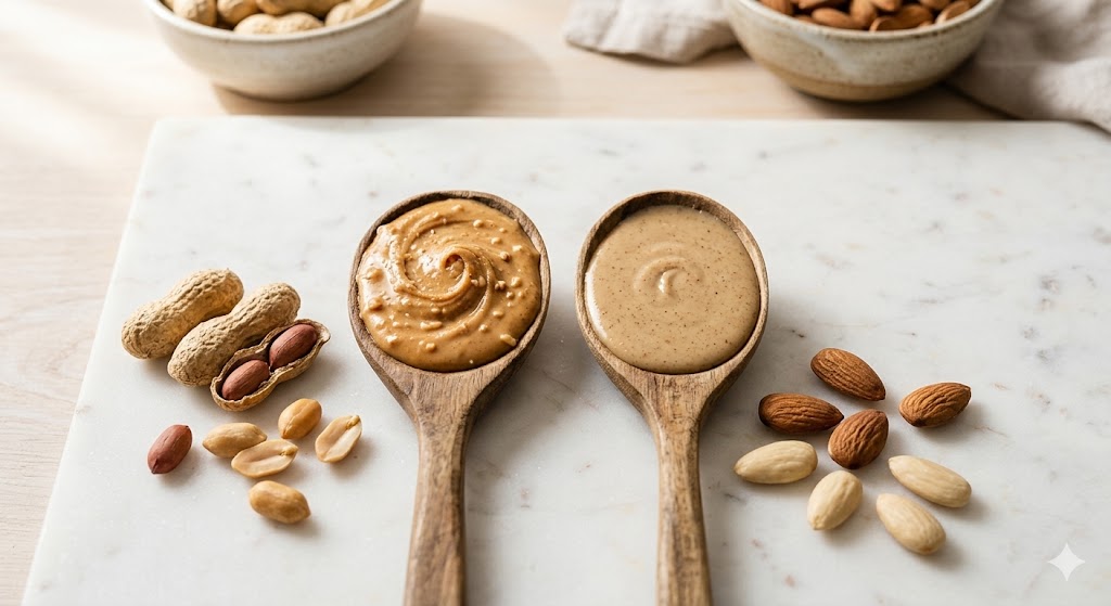 A visual comparison for a nutritional guide: two wooden spoons side-by-side, one filled with creamy peanut butter, the other with almond butter, against scattered nuts.
