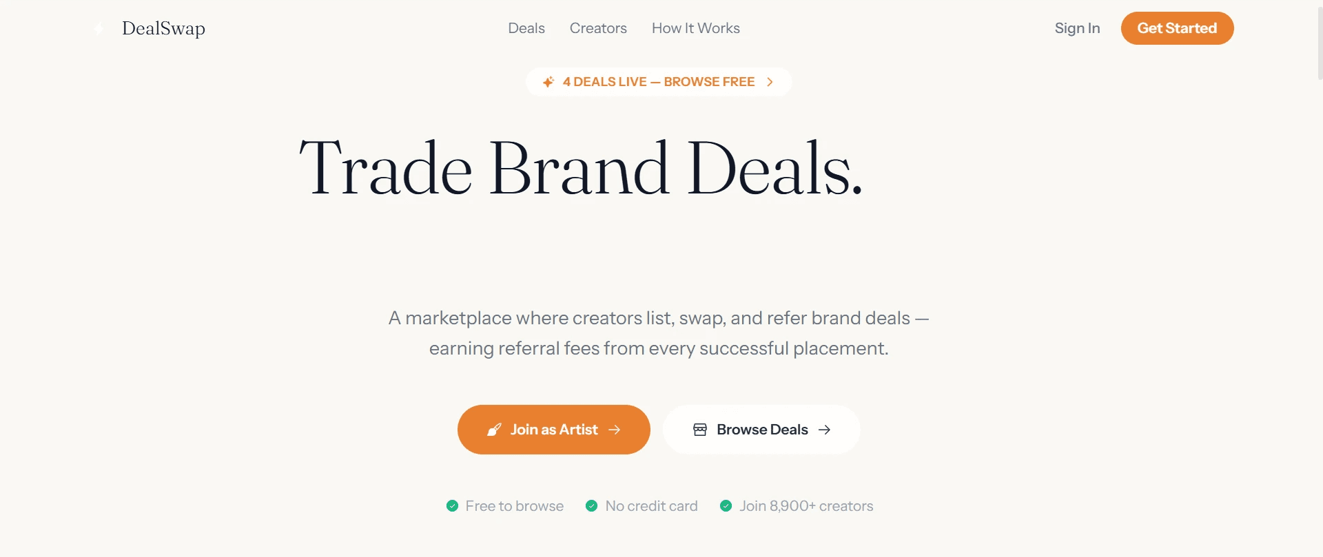 DealSwap homepage showing a marketplace for creators to trade brand deals