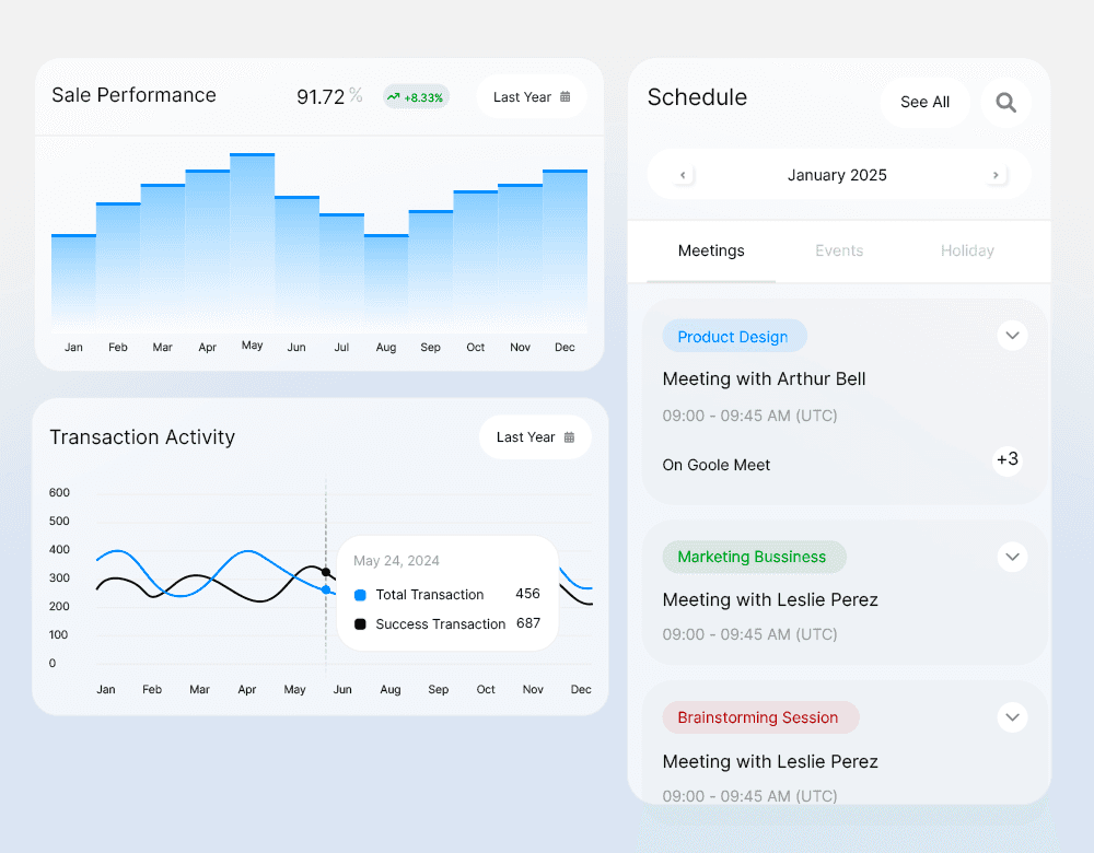Dashboard showing MRR of $69,897 and 1206 active users with an upward trend graph.