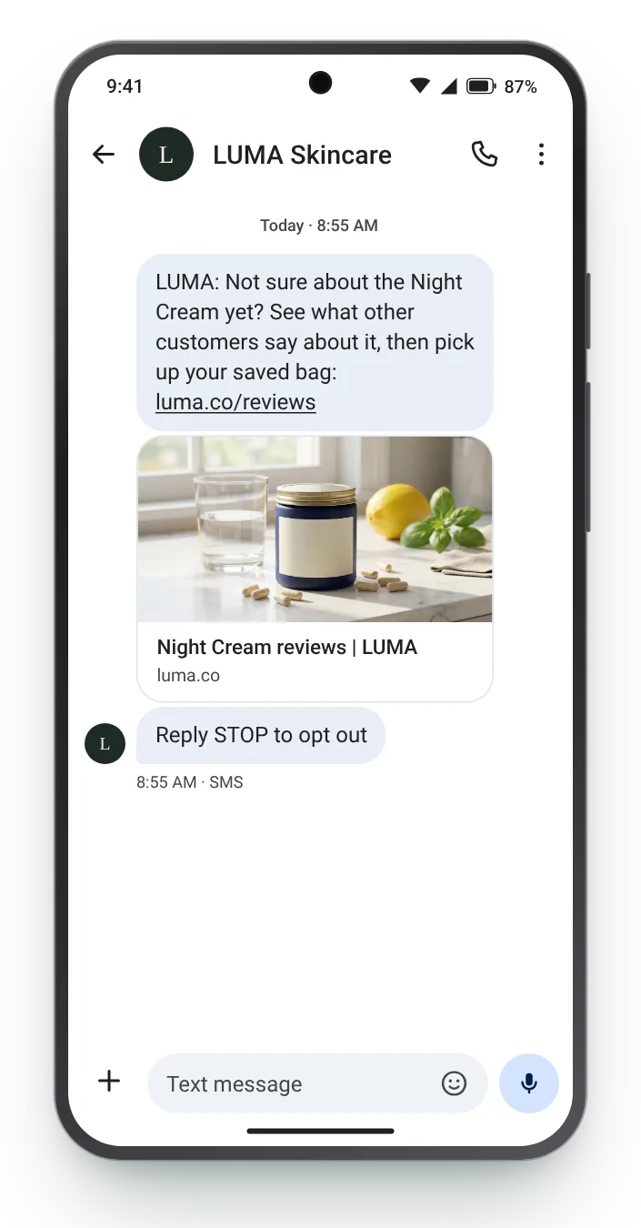 Let other customers do the talking abandoned cart SMS on an Android phone