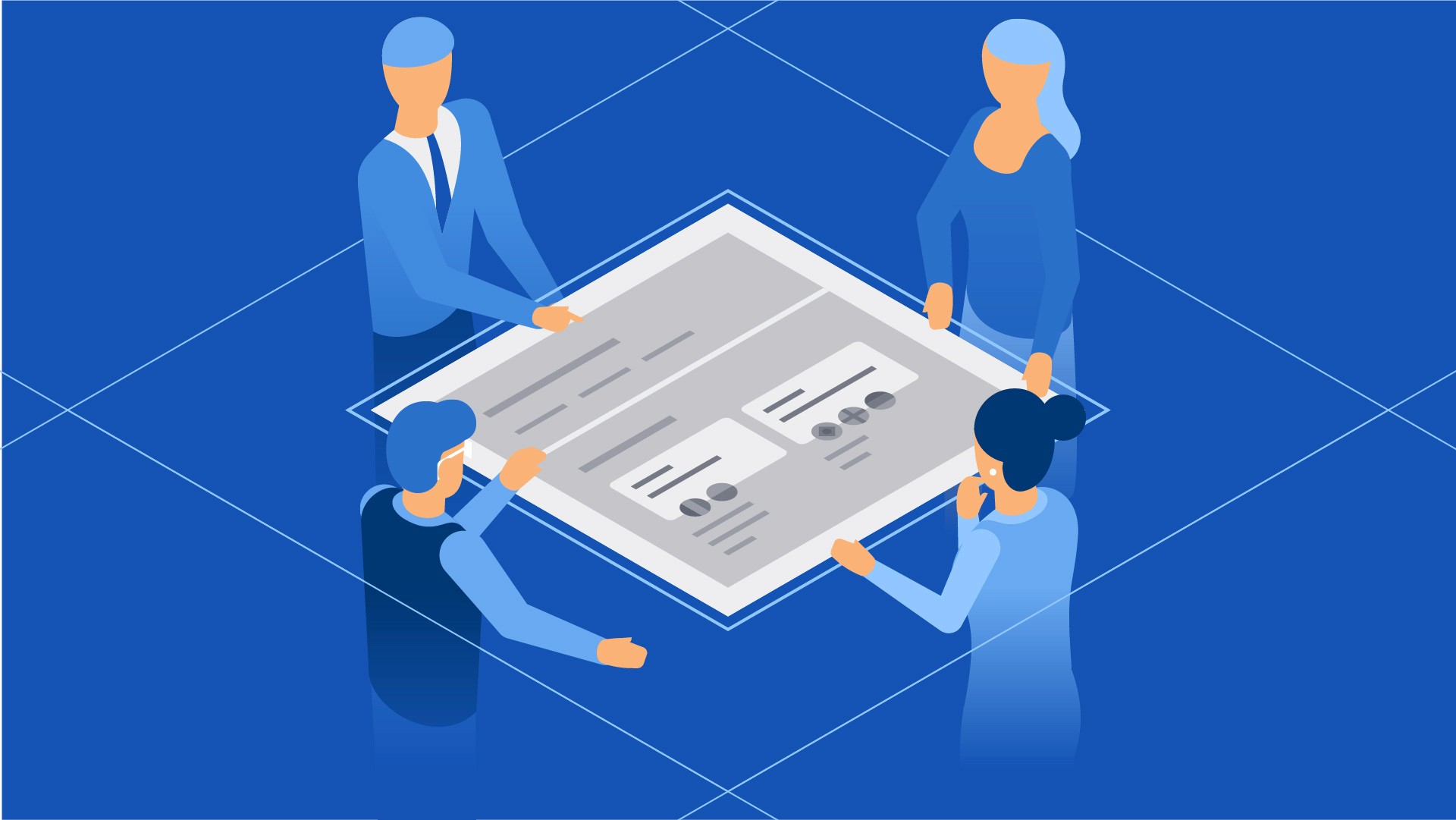Isometric vector illustration of four company executives standing around a enlarged UI of a website.