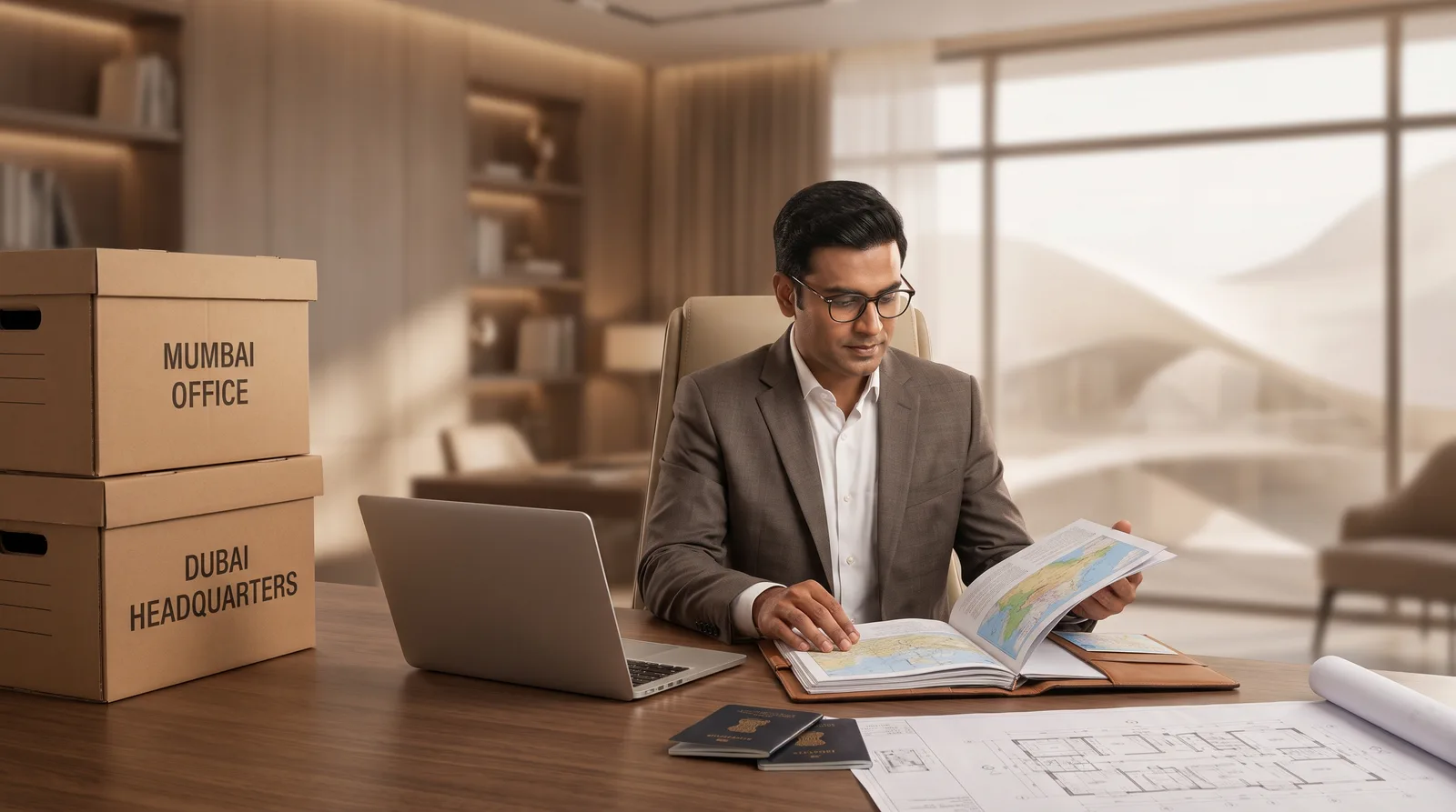 Indian founder planning a company move to Dubai at a modern office with the skyline behind