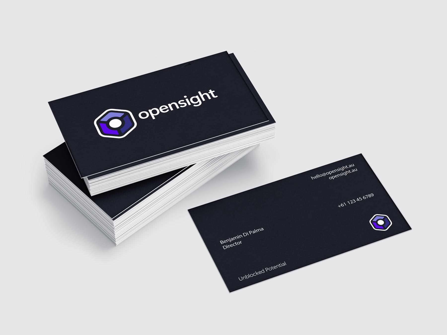 Close-up of Opensight business card design and branding