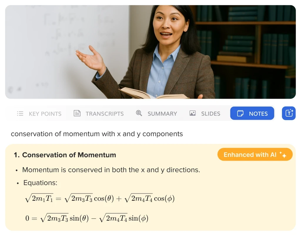The Jamworks application, with some notes about the conservation of momentum. THe notes show before and after, with the Jamworks AI adding in bullet points and detailed mathematical notation.
