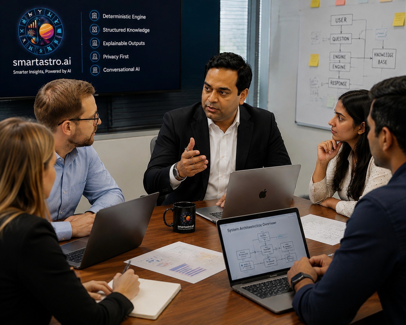 Business team discussing Smart Astro technology around a conference table with laptops and system diagrams.