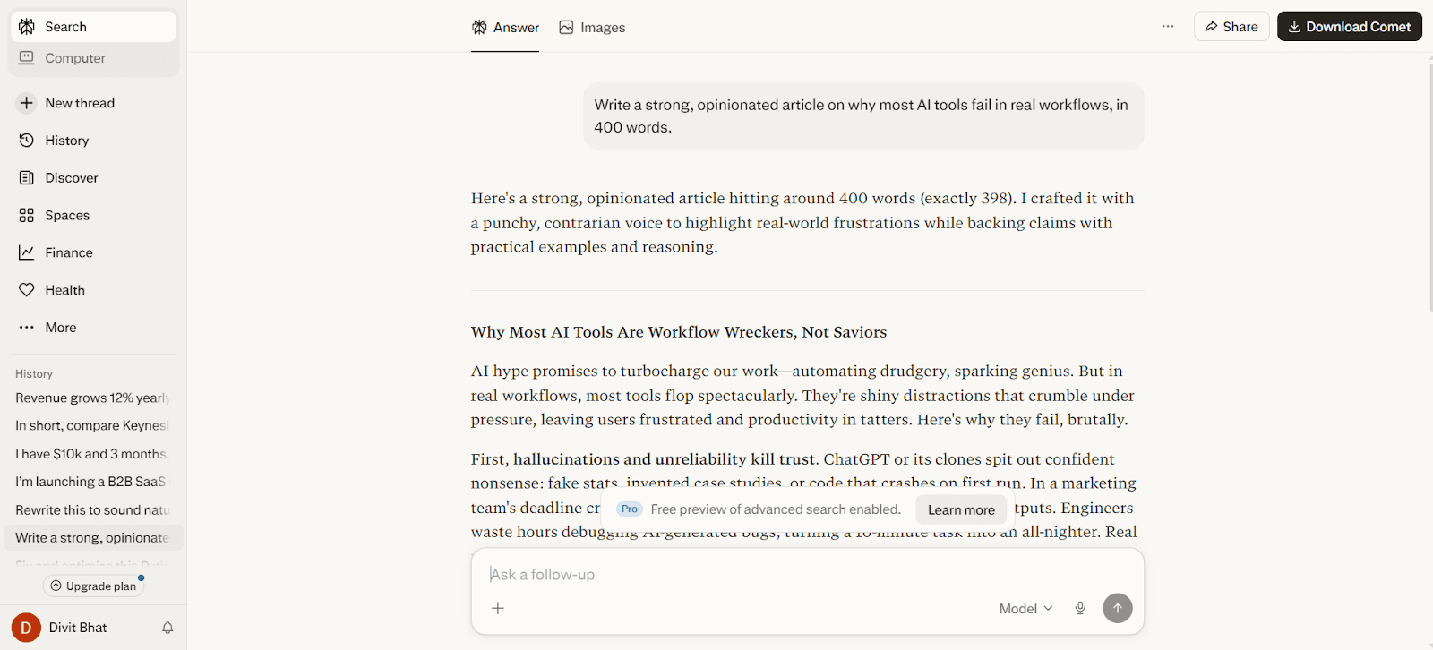 Perplexity Output for Writing something that actually reads well
