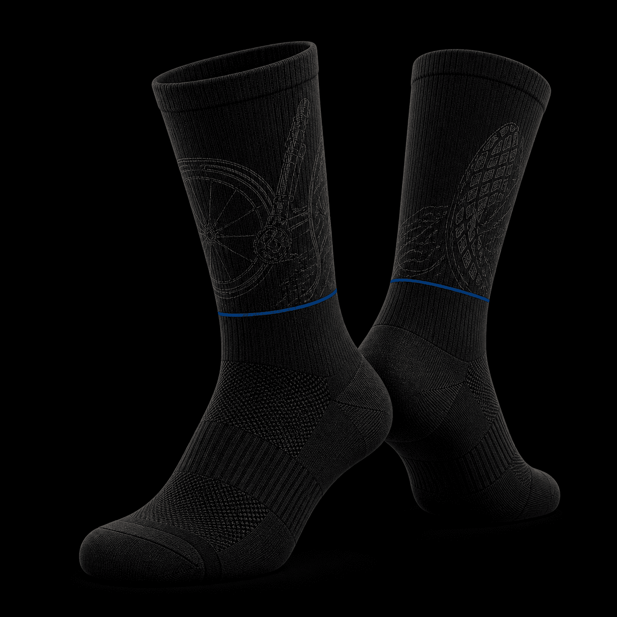 Pair of black technical endurance sock concepts with subtle equipment engravings and thin cyan route lines.