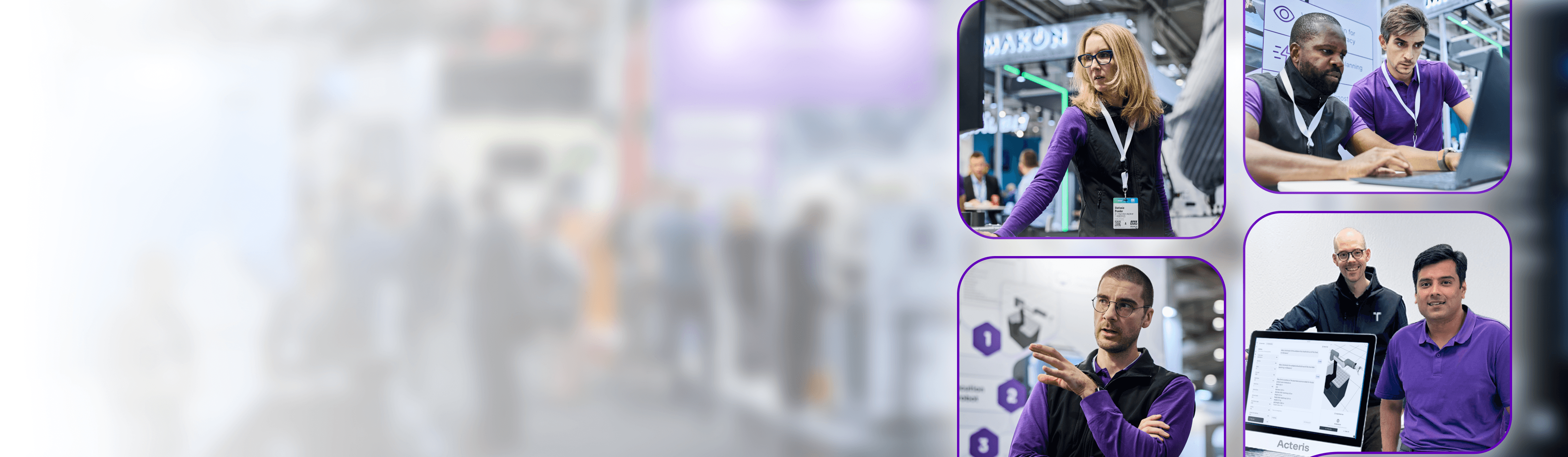 A modern event space featuring various activities, with people interacting and screens displaying information.