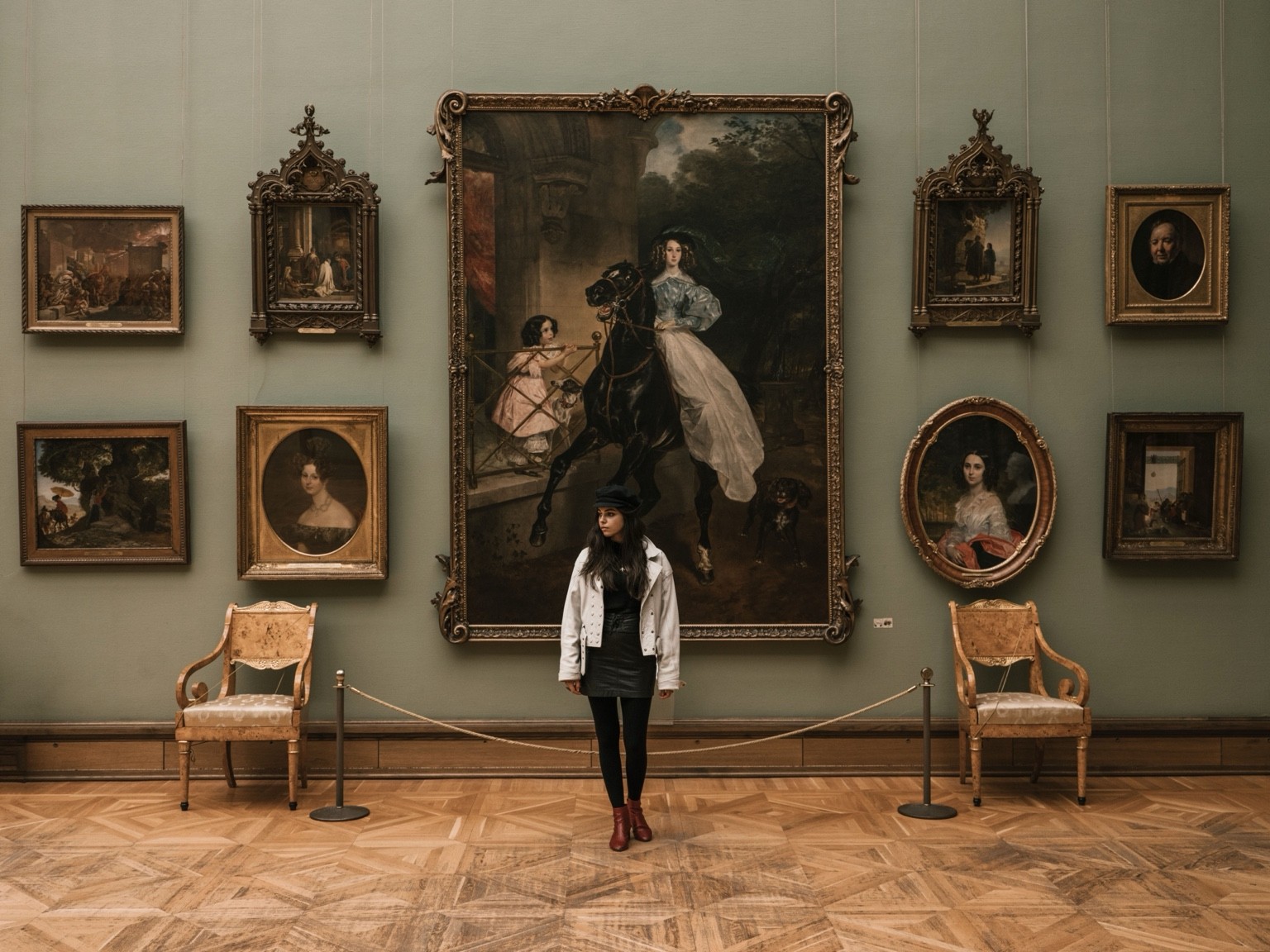 A woman stands in a historic museum gallery beneath a large framed painting, surrounded by ornate artwork on green walls.