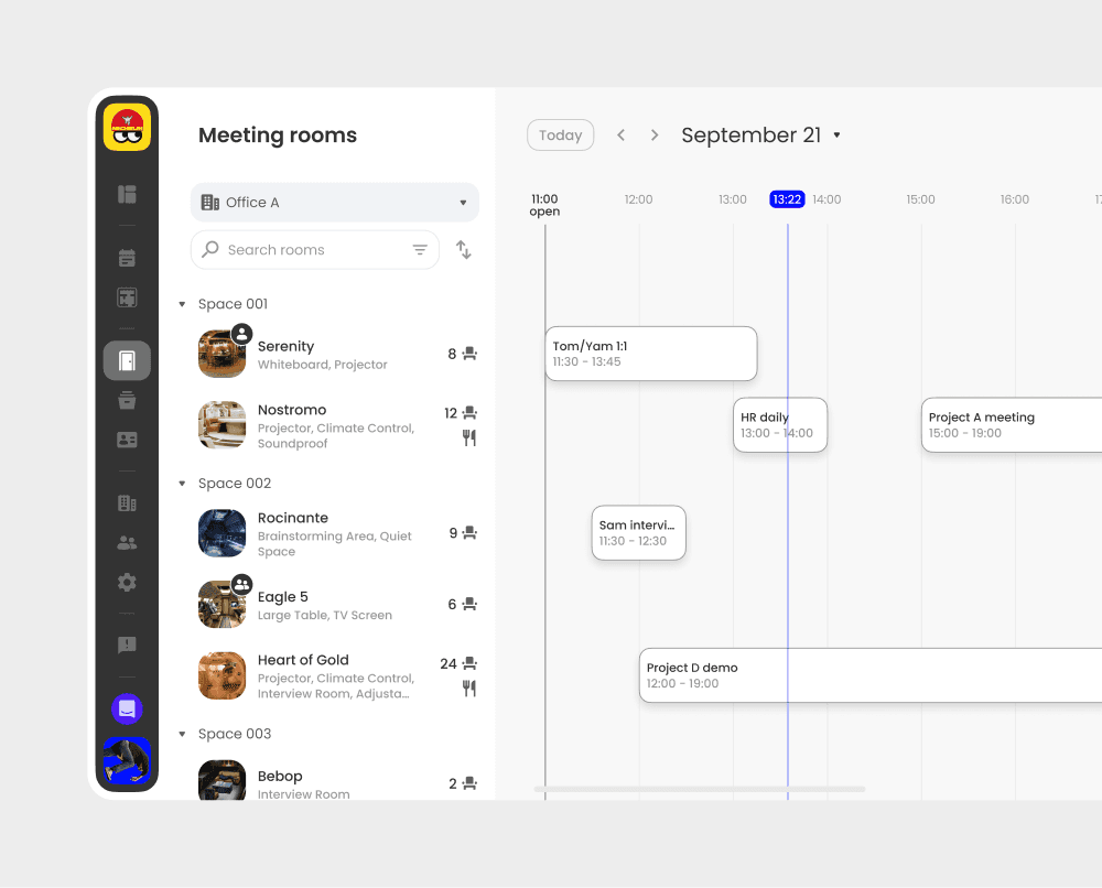 Yoffix meeting room booking UI showing room search, calendar timeline, availability, and workspace management in a hybrid workplace platform