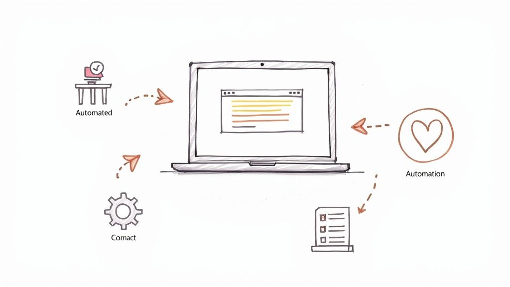 A hand-drawn diagram illustrating a laptop connected to icons representing automated tasks, a gear, a heart for automation, and a checklist.