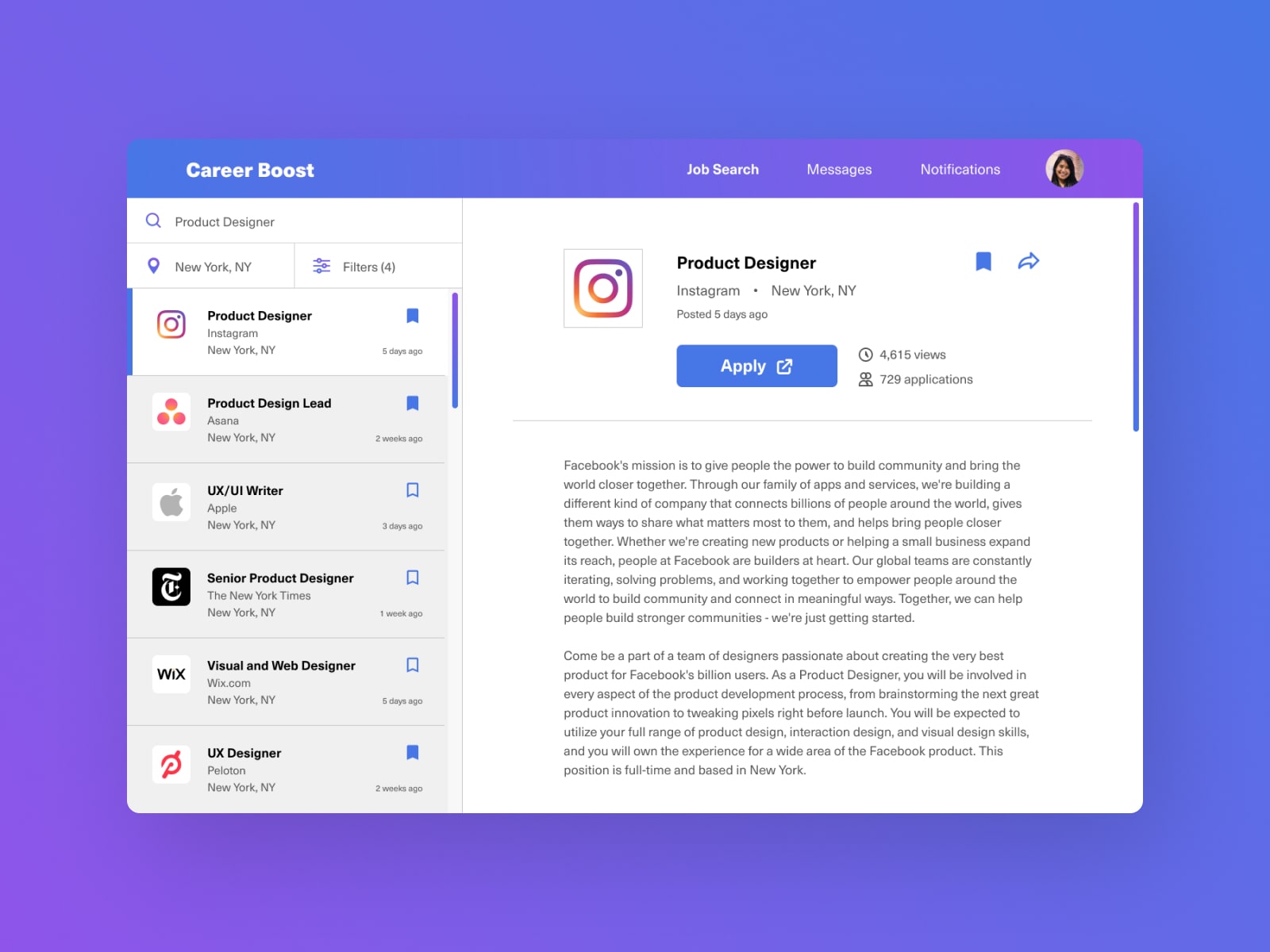 Web mockup of a job hunting website