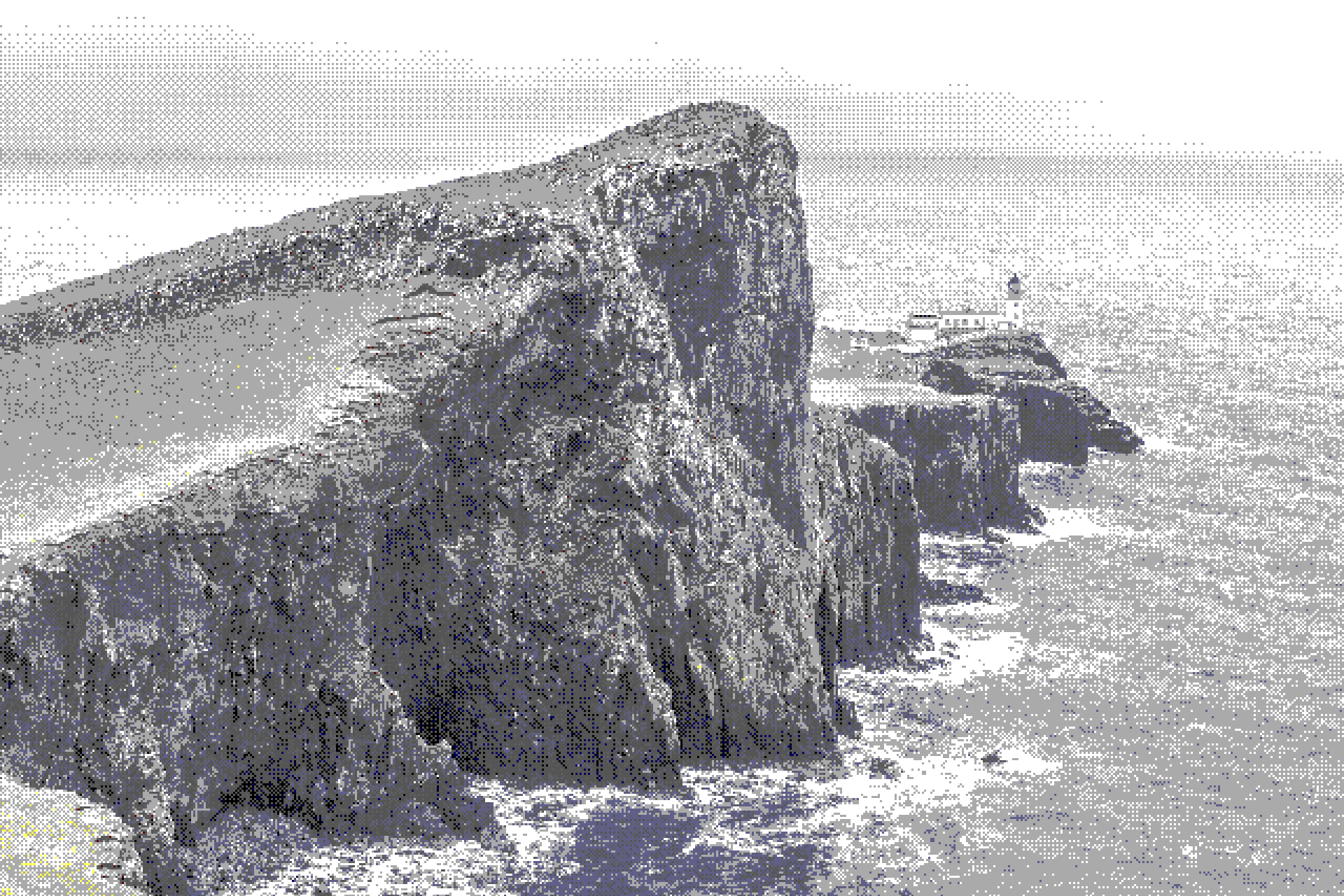A rugged coastal cliff extends into the ocean, topped with grass, while a lighthouse stands at the far end, overlooking the waves crashing below. Pixelated.