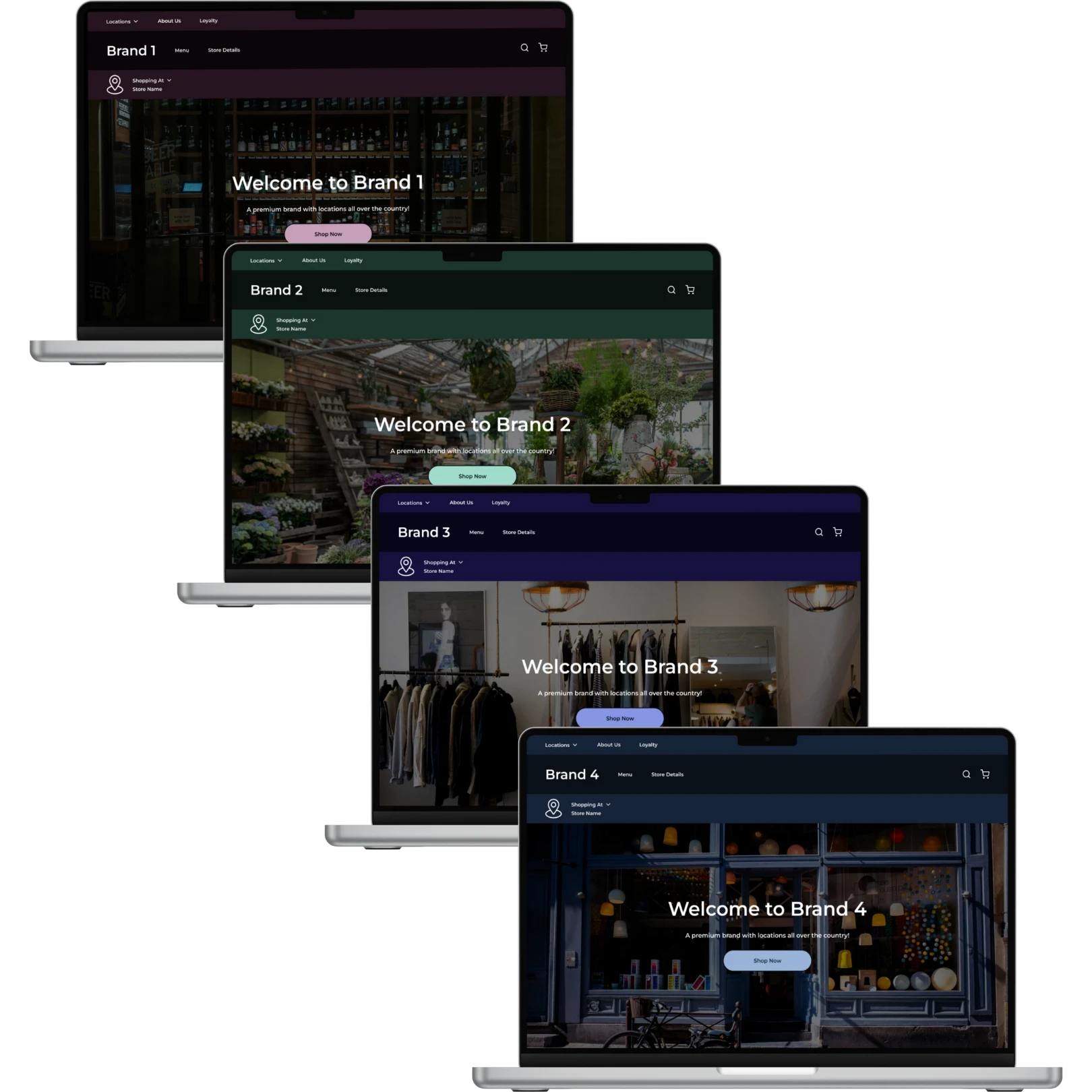 Laptop screens displaying redesigned e-commerce websites for multiple brands, focusing on consistency and modern layouts.