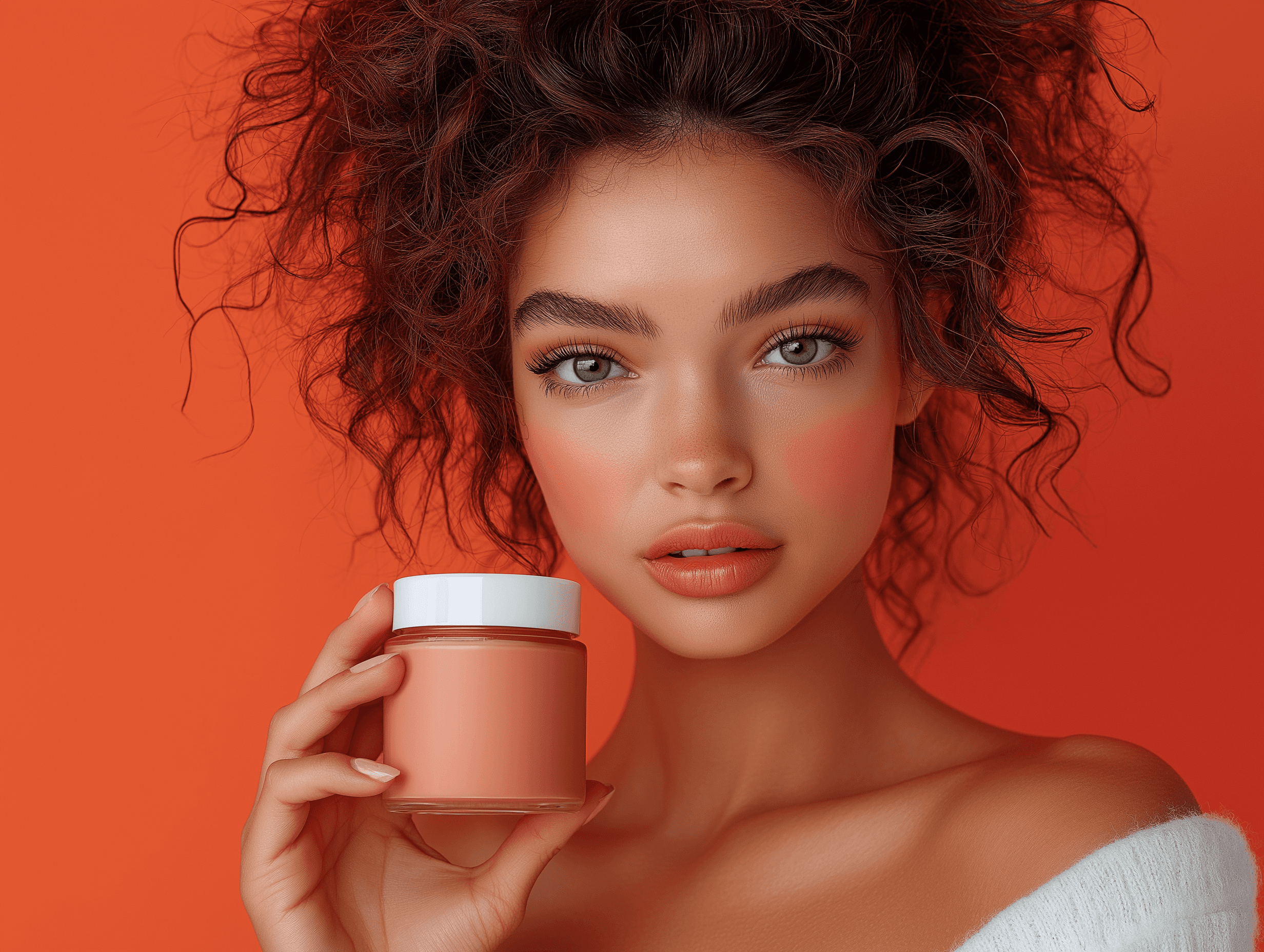A close-up of a woman with curly hair holding a cosmetic jar against an orange background. Her makeup is perfectly blended with warm tones, complementing the product she is showcasing.