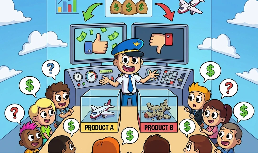 Cartoon pilot managing an expanding airport.