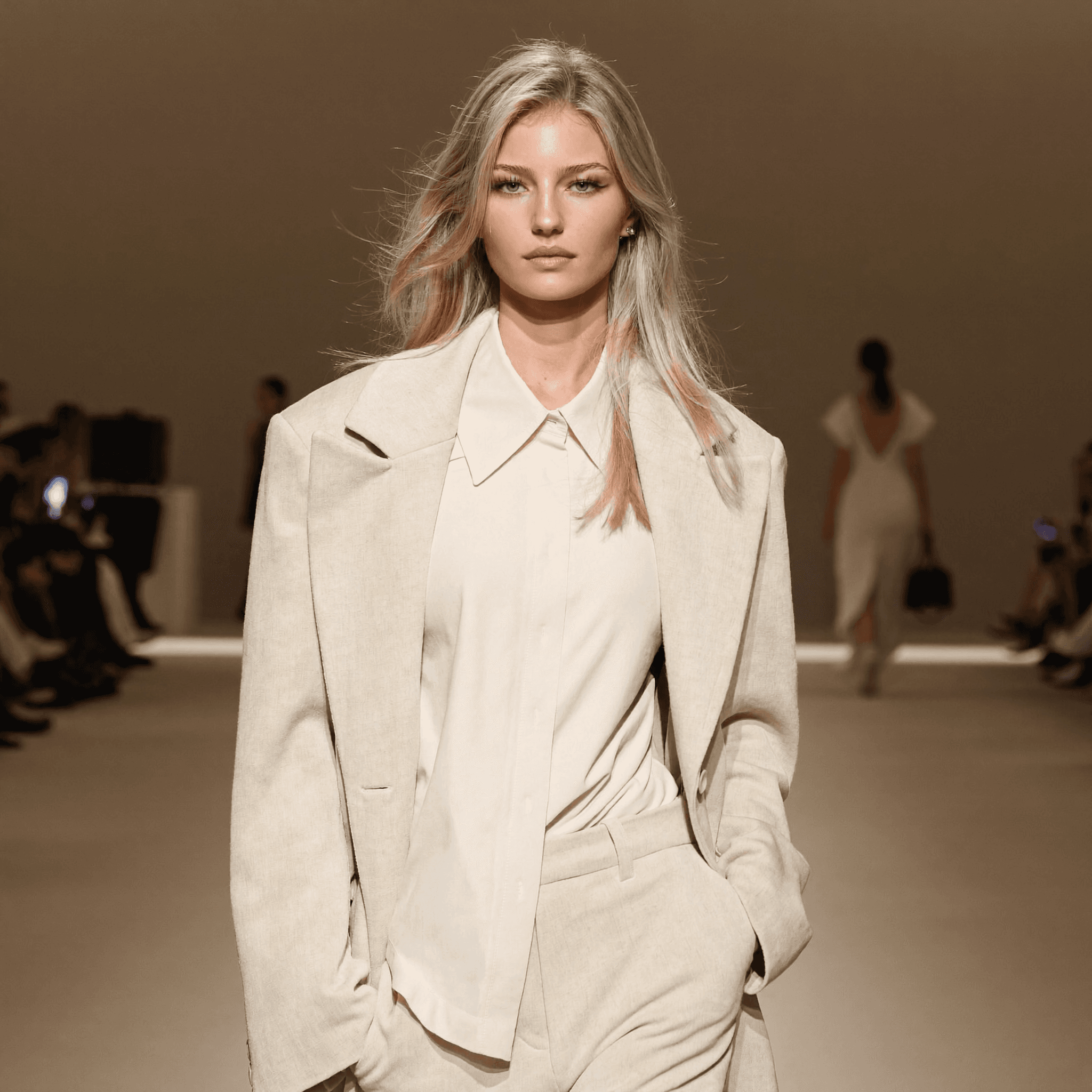 AI Influencer auf Fashion-Runway in beigem Anzug – Beispiel Einsatzmöglichkeit für Fashion- und Editorial-Content