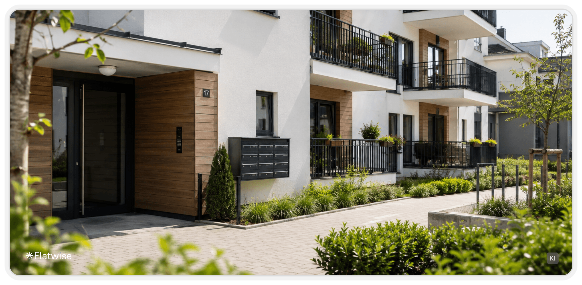 Eingangsbereich eines modernen Mehrparteienhauses (WEG) mit Balkonen, Briefkastenanlage und gepflegten Grünflächen, KI generiert