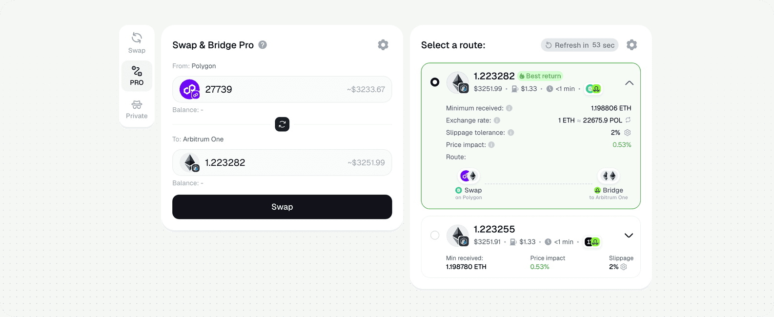Polygon to Arbitrum Bridge — live route in PRO mode: 27,739 POL (Polygon) to 1.223 ETH (Arbitrum One) · Symbiosis