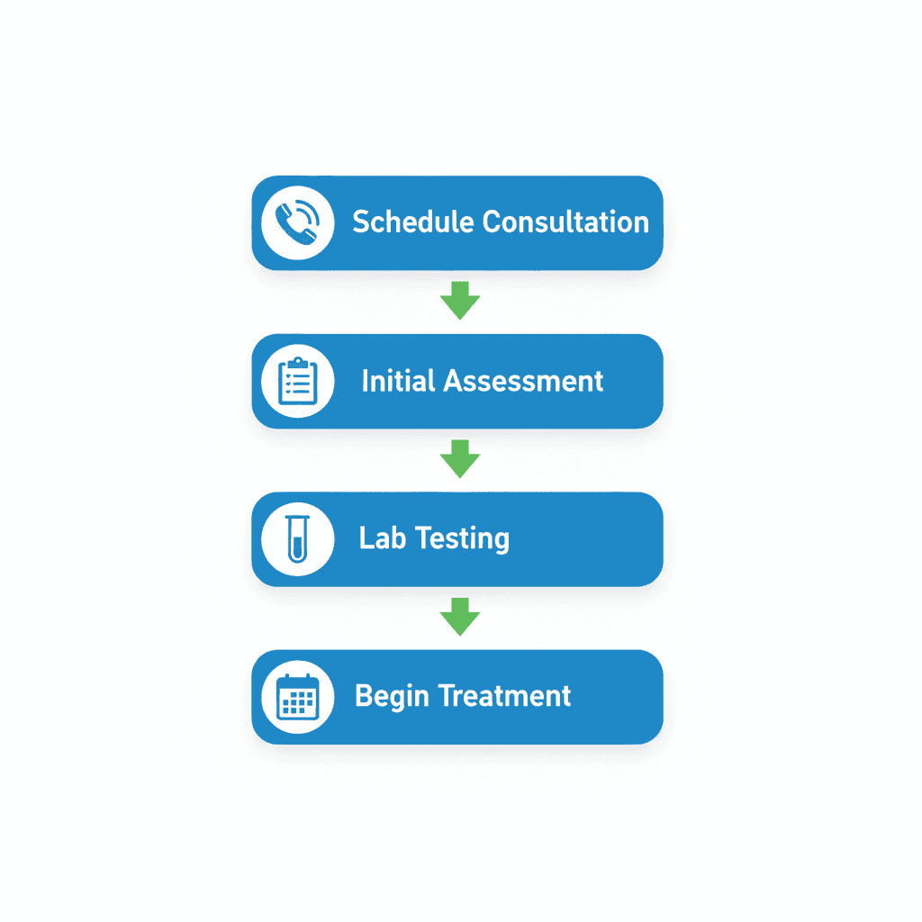 Vertical process flow diagram showing four steps to start hormone replacement therapy at HRMN Health in Boise, with icons and minimal labels.