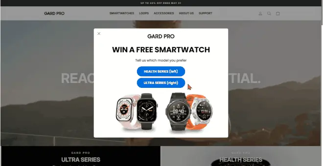 Alt text: Gard Pro multi-step email welcome popup asking users to choose their preferred smartwatch model between Health Series and Ultra Series to enter a giveaway