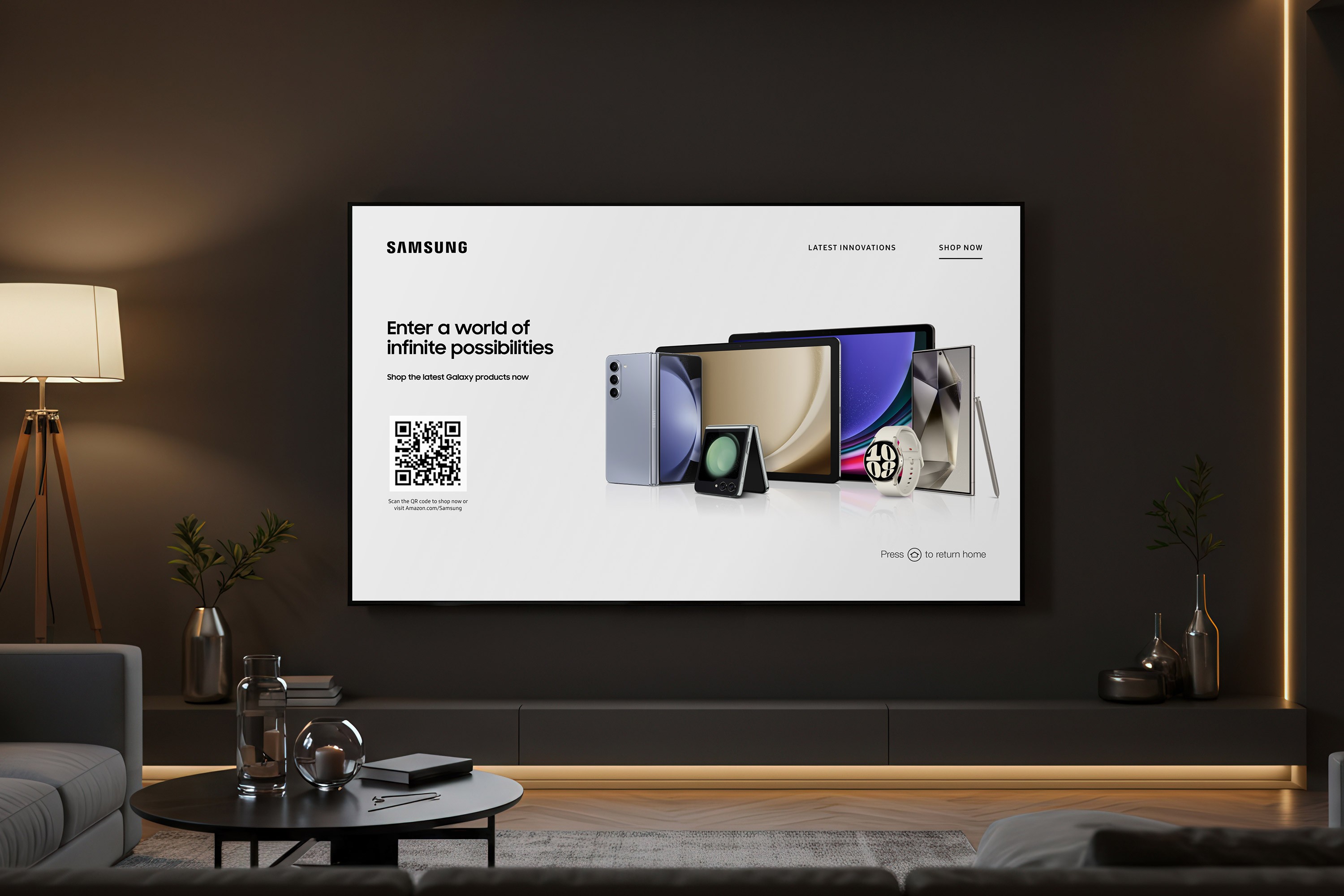 A living room setting with a TV displaying Samsung devices.