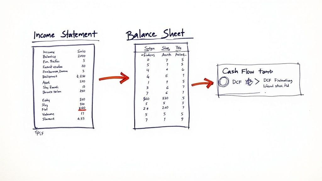 A handwritten diagram illustrates the flow and connection between Income Statement, Balance Sheet, and Cash Flow.