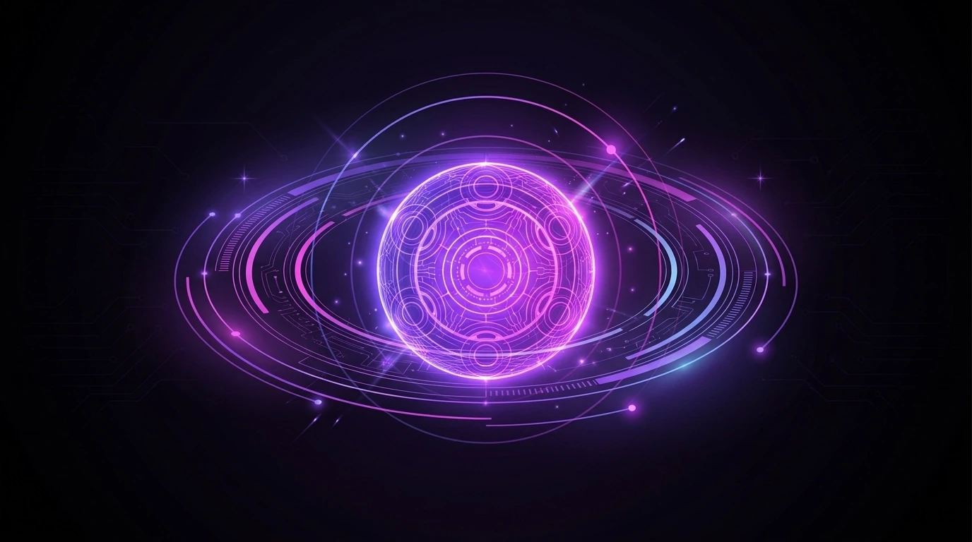 Digital illustration of a luxury high-tech AI engine core with glowing violet and magenta geometric rings on a deep black background