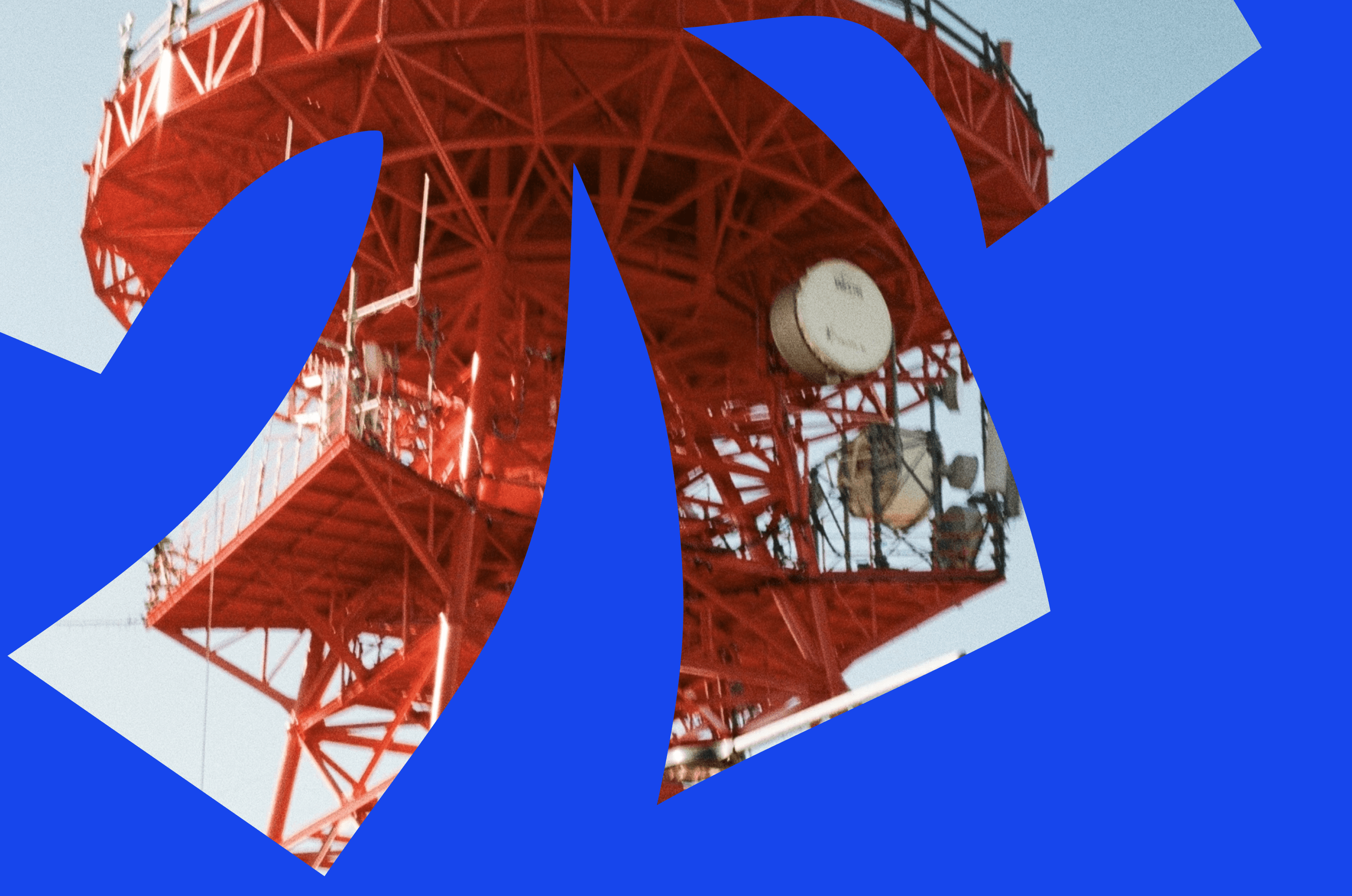 Red telecommunications tower with antennas partially overlaid by bold blue abstract graphic shapes