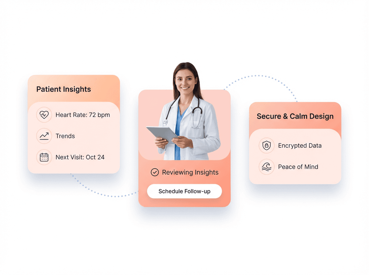 Patient-centric healthcare dashboard UI showing secure data access for clinicians and patients, designed with clarity, trust, and modern frontend best practices.