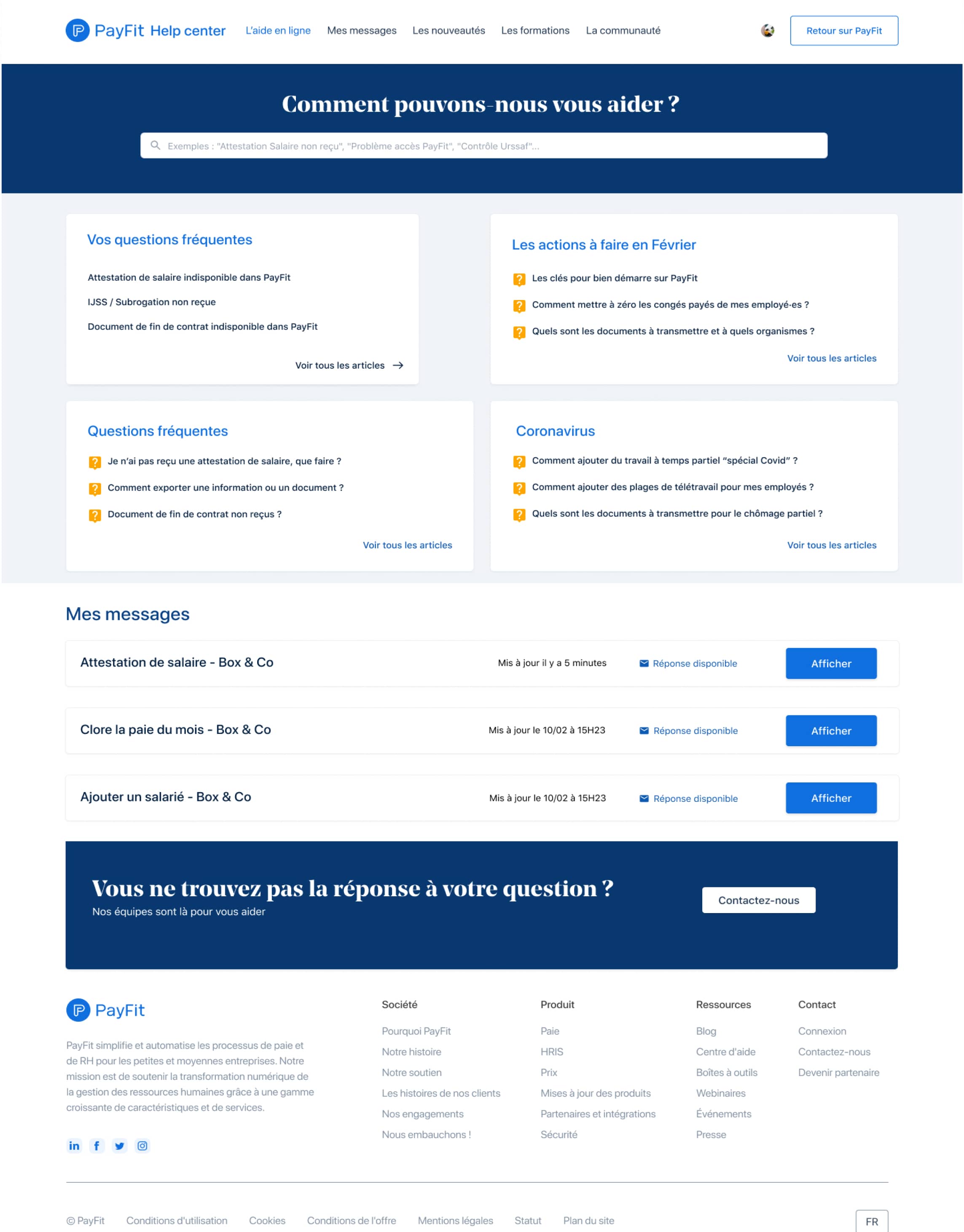 Wireframes mid-fidelity du help center PayFit — homepage générique, homepage contextuelle par pays, et page article, réalisés pour tester les parcours utilisateurs internes et clients.