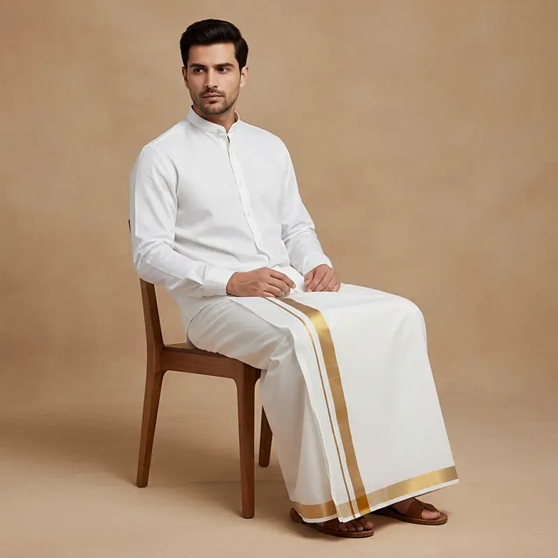 A man in a traditional white kurta and dhoti with gold trim sits on a wooden chair against a neutral brown background.