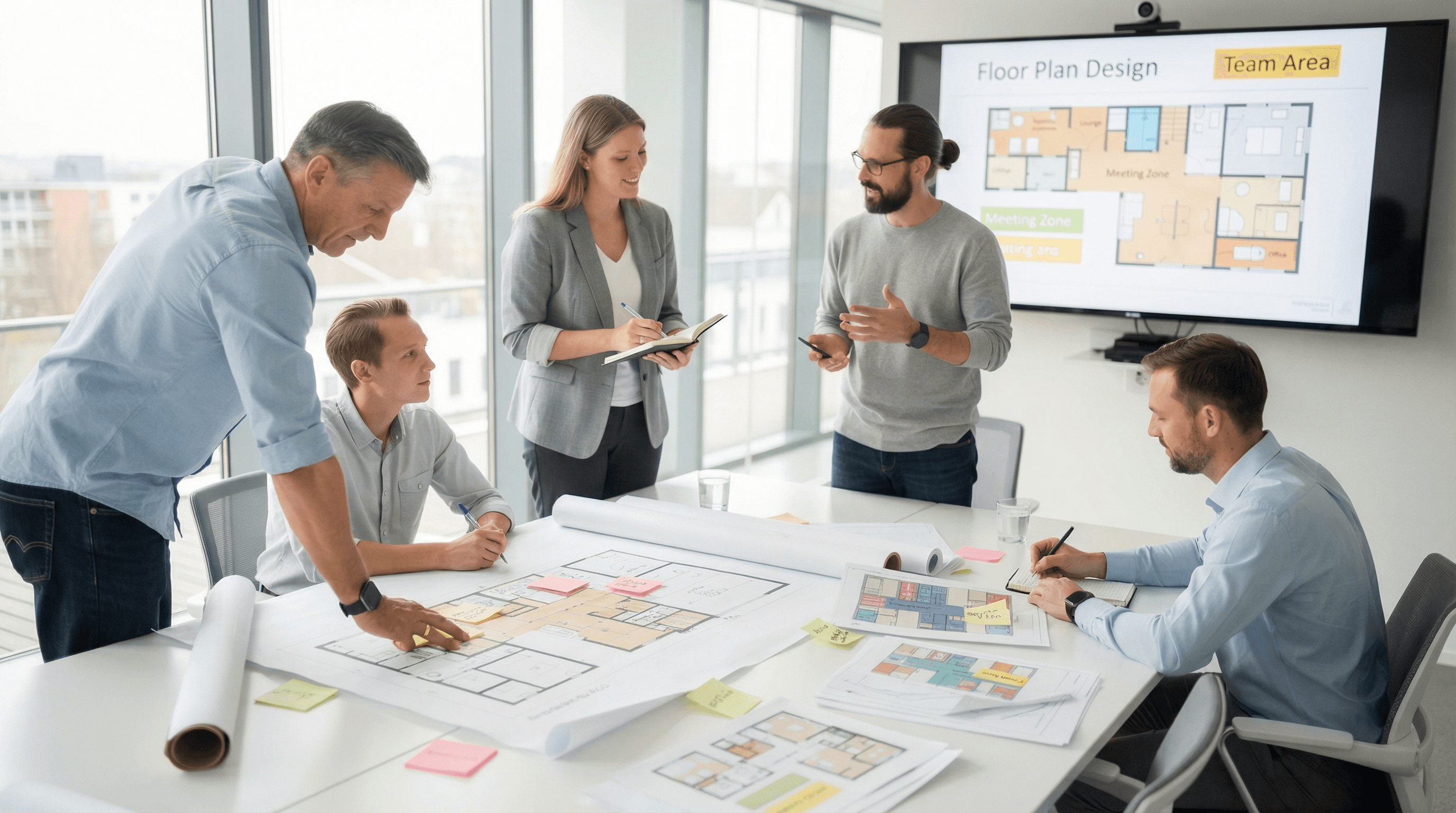 5 people are gathered in a meeting room for office planning. Cards are spread in front of them.