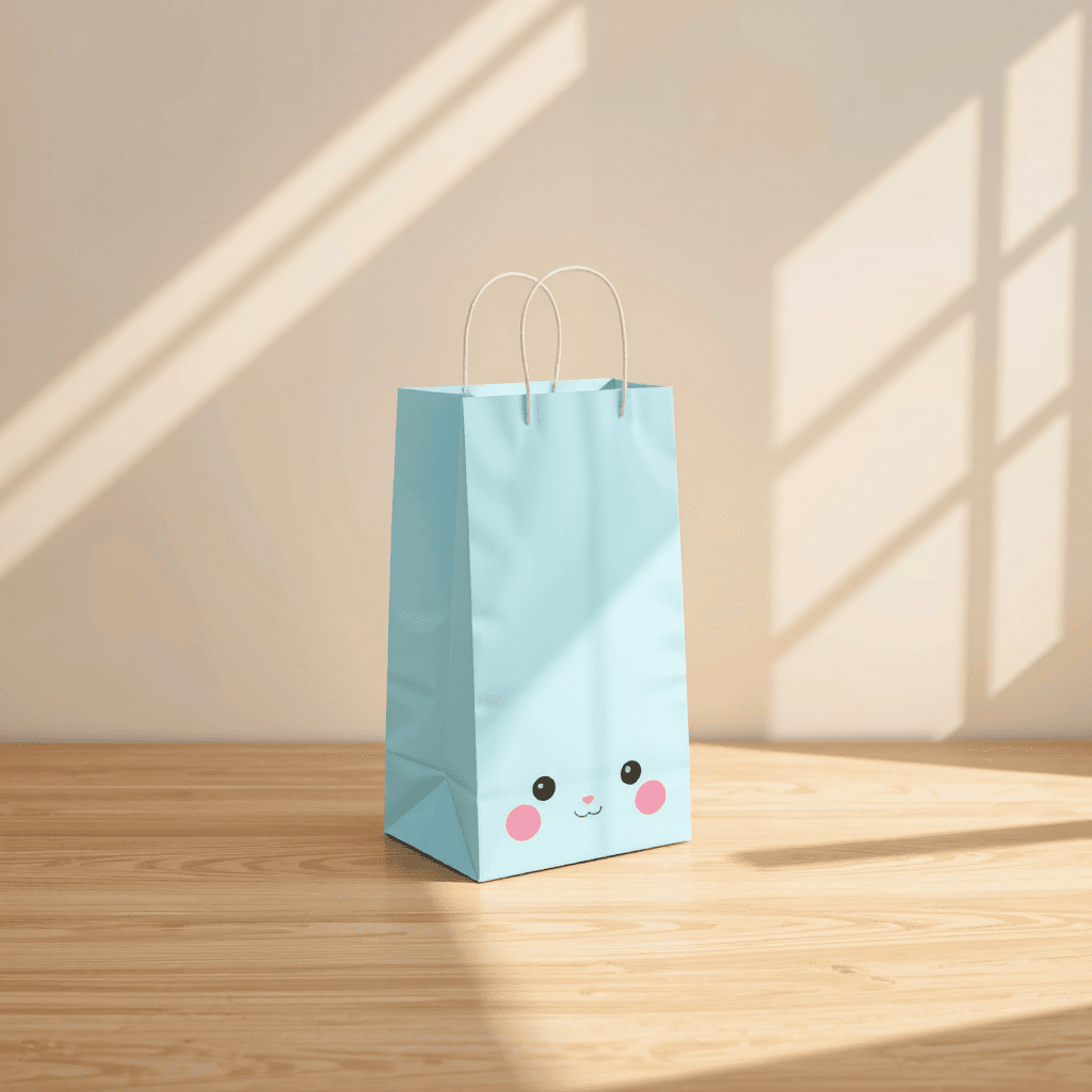 product photography of a decorative paper bag featuring a cute character design, suitable for gifting or carrying items