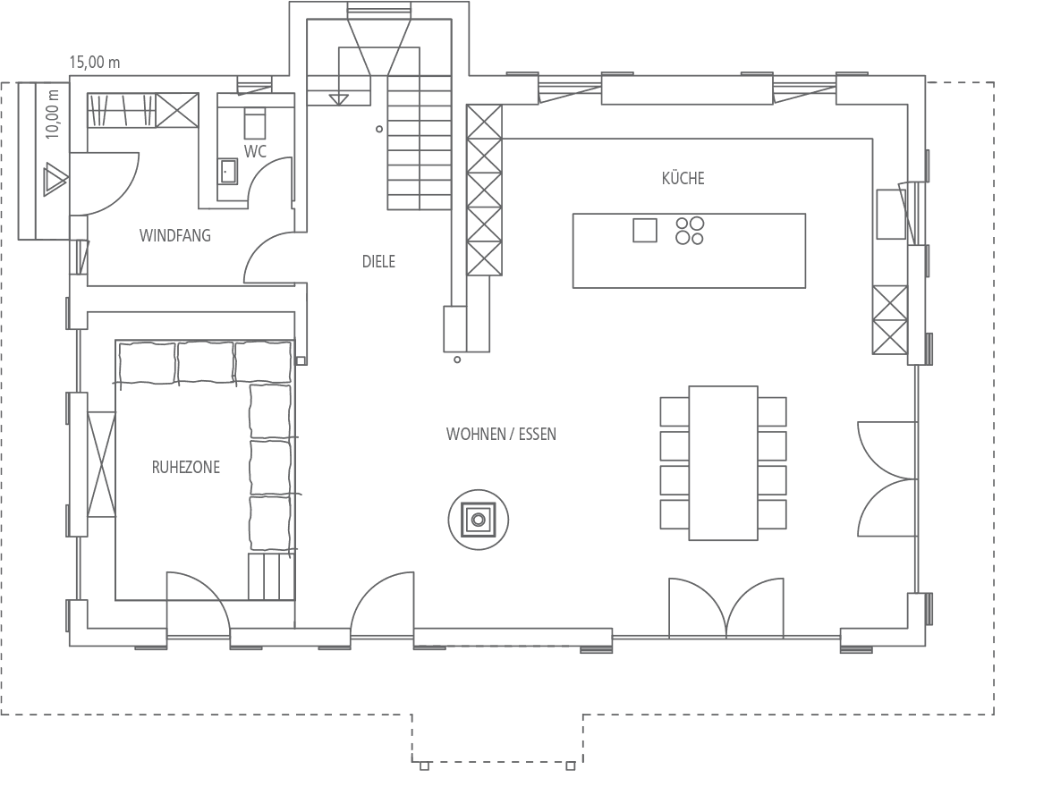 Grundriss eines modernen Hauses mit Einbauküche, Essbereich, Wohnbereich, Ruhezone, Diele, Windfang und WC.