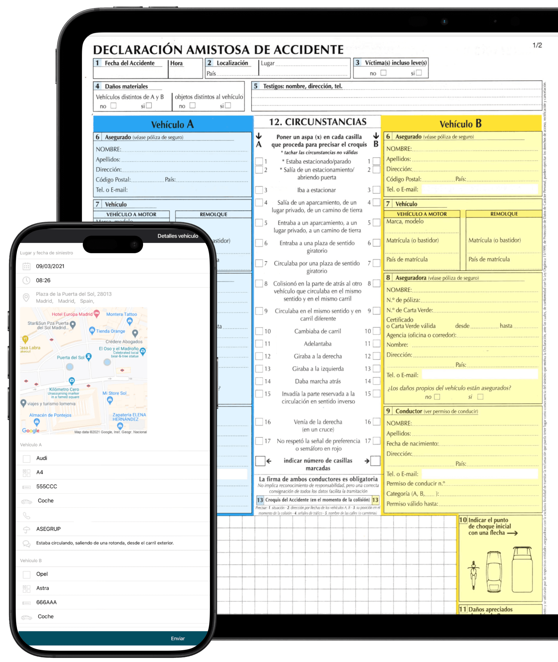 Visualización del Parte Europeo de Accidente (DAA) oficial en formato papel impreso junto a su versión digital equivalente en la App móvil iDEA.